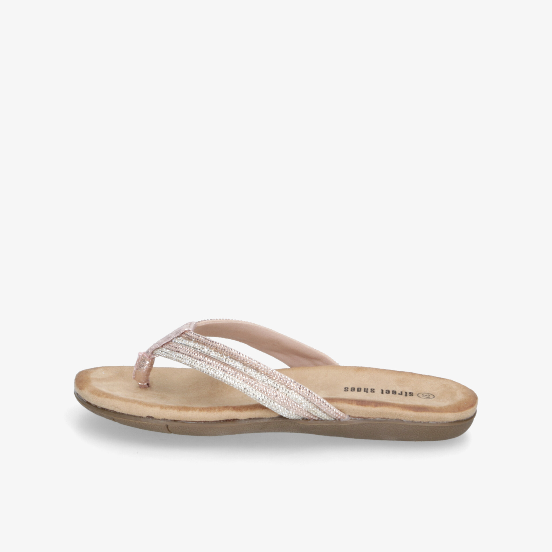 Bequeme beige Zehensteg-Sandale mit weicher Sohle und flexiblem, atmungsaktivem Material in seitlicher Ansicht