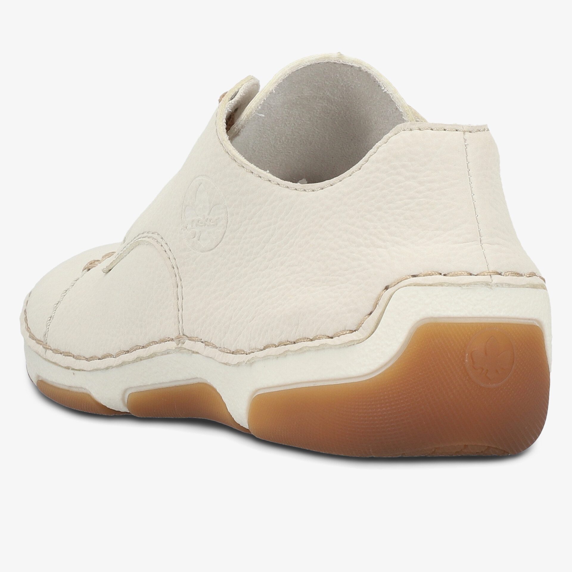 Schuh mit weichem Leder und rutschfester Gummisohle, bequeme Passform und elegante Naht hinten sichtbar