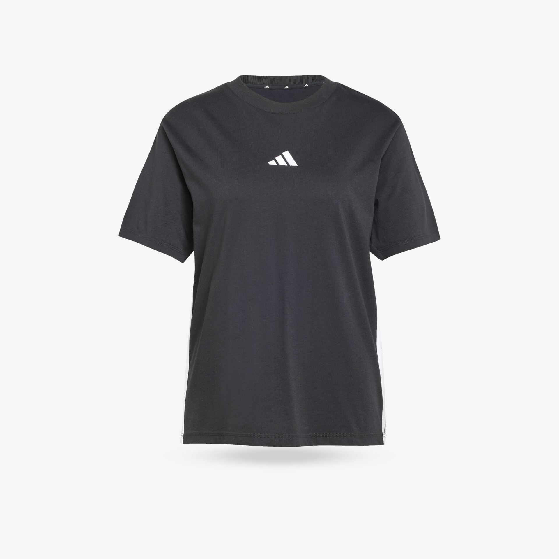 Schwarzes Adidas T-Shirt mit rundem Halsausschnitt und weißem Logo, leichtes und bequemes Sportshirt