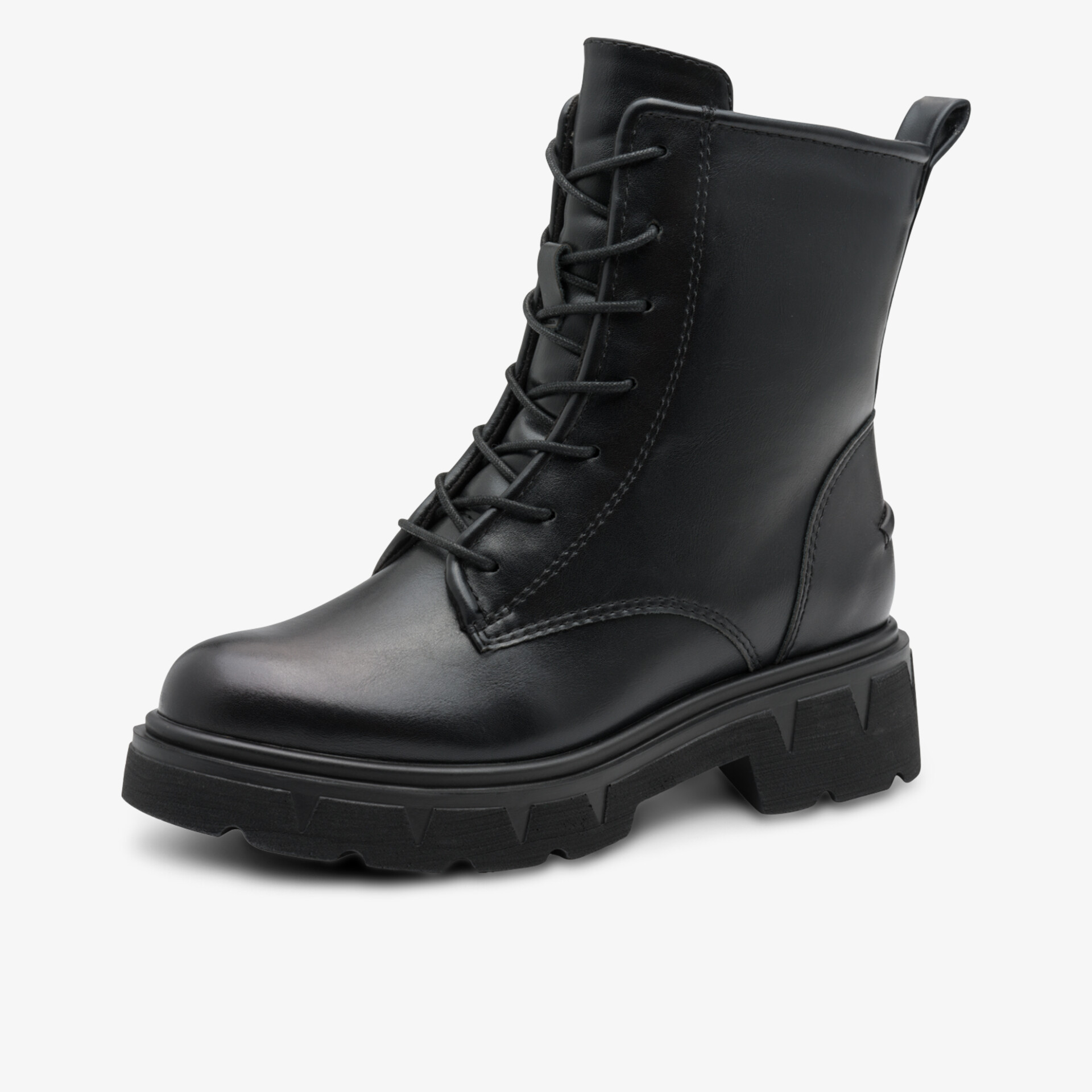 Robuster schwarzer Schnürstiefel aus Leder mit modischer dicker Sohle und komfortablem Sitz