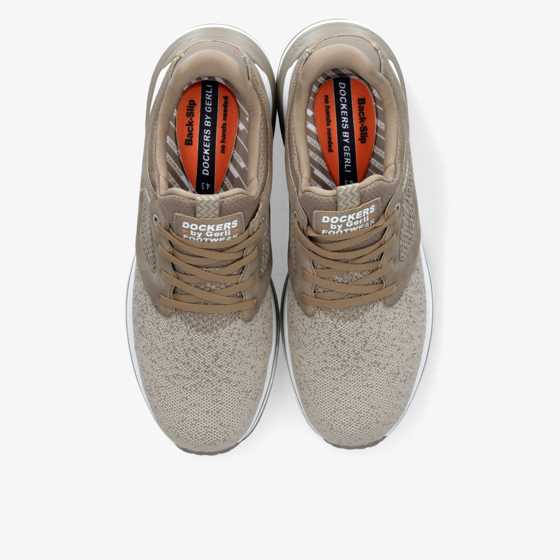 Beiges Sportschuhpaar in Draufsicht, atmungsaktiv, bequem und mit stoßdämpfender Sohle