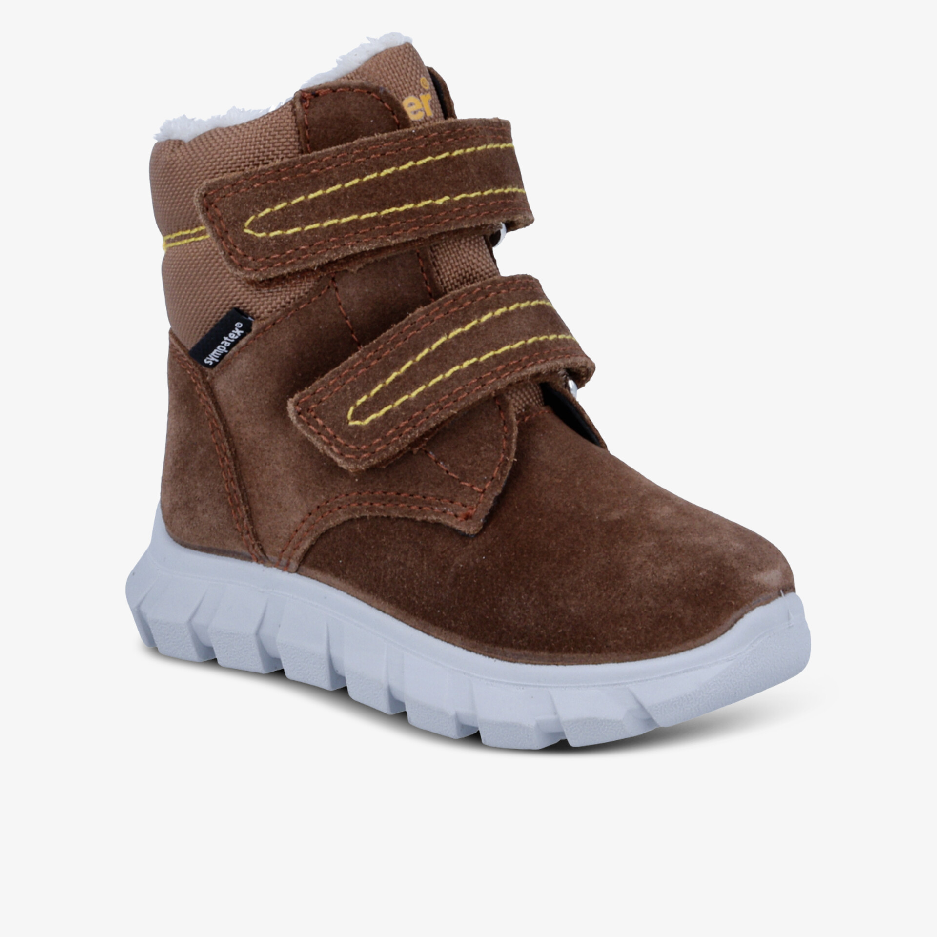 Brauner Kinderschuh mit Klettverschluss und flexibler weißer Sohle, perfekt für Komfort und Halt