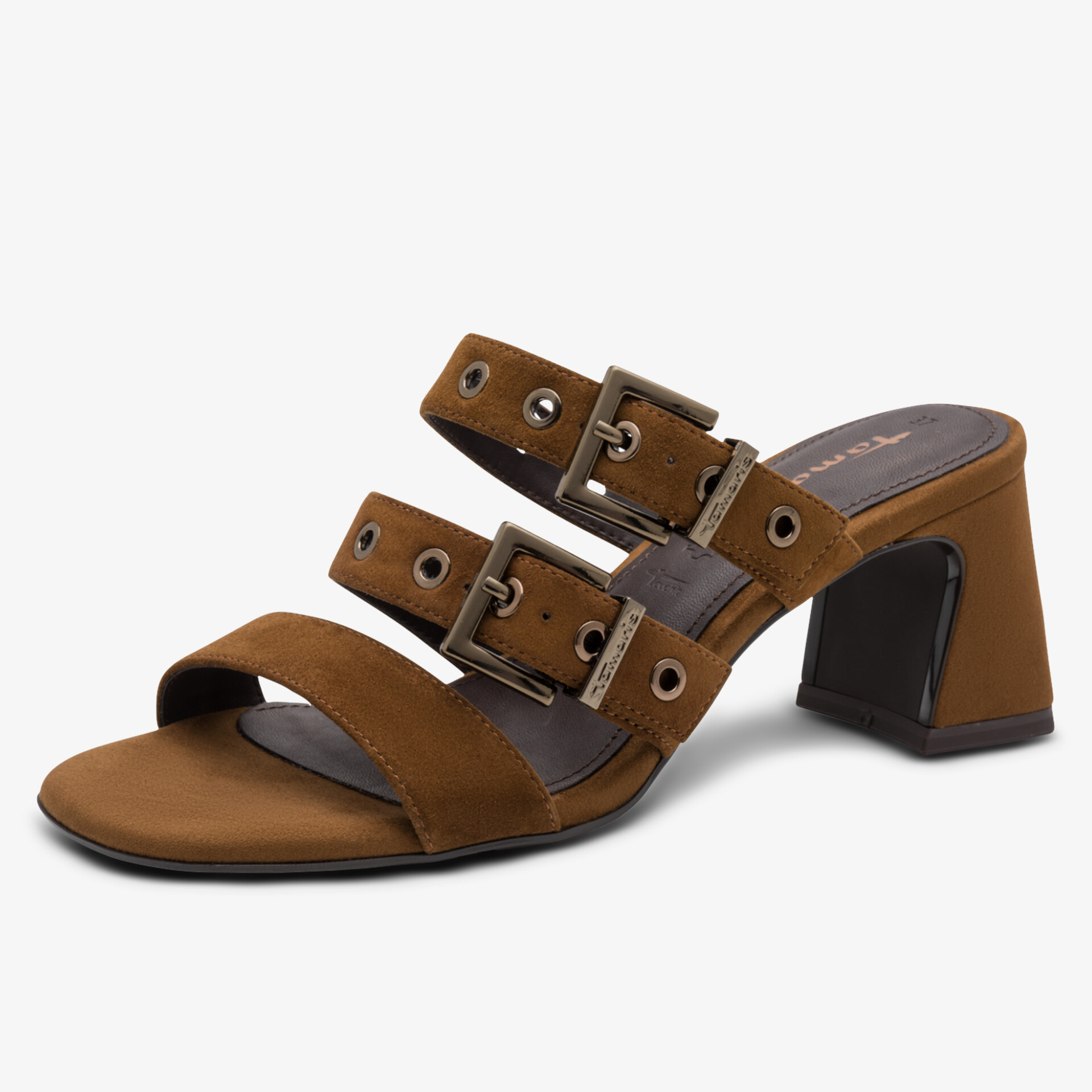 Elegante braune Ledersandalette mit Doppel-Riemen und verstellbaren Schnallen auf mittelhohem Blockabsatz