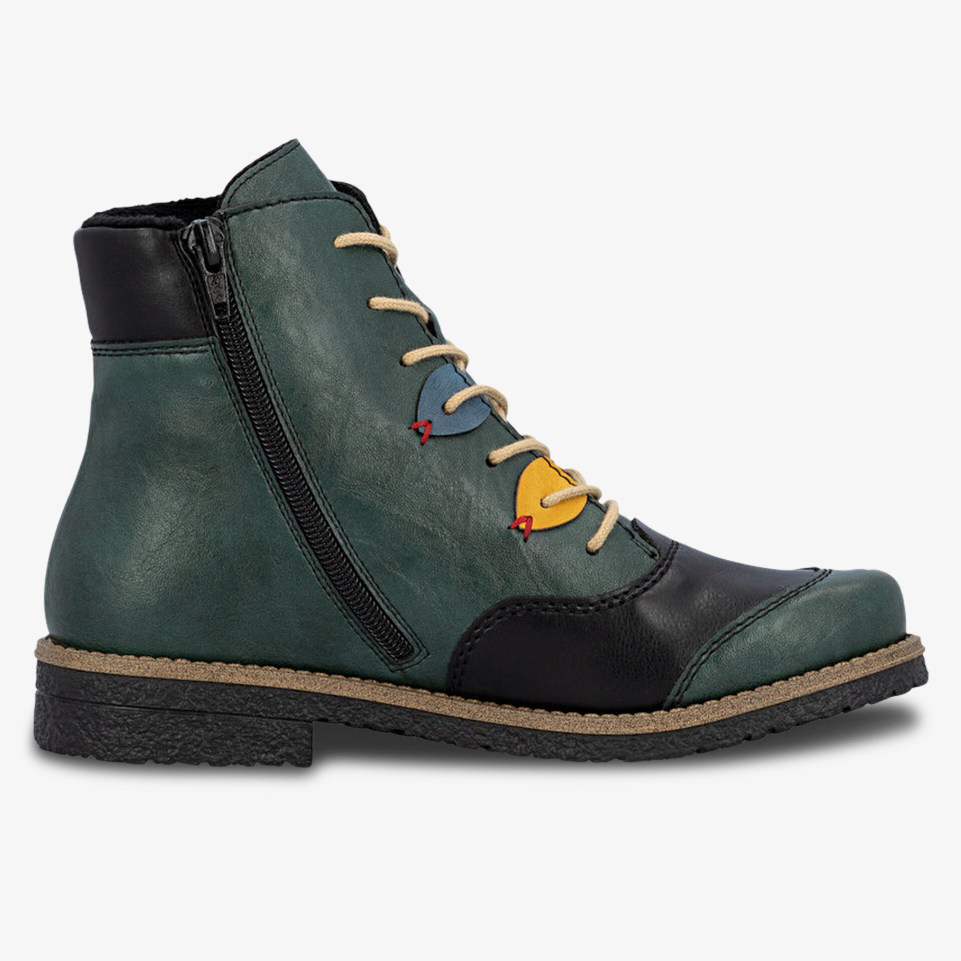 Seitlicher Blick auf robusten Schuh mit Reißverschluss und Schnürung, komfortable Passform, modisch