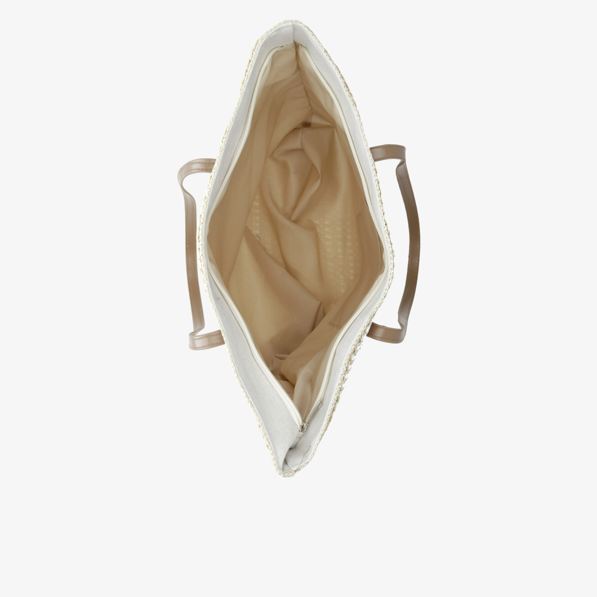 Obere Draufsicht auf offenen, geräumigen Beutel mit praktischem Henkel und weichem Innenfutter