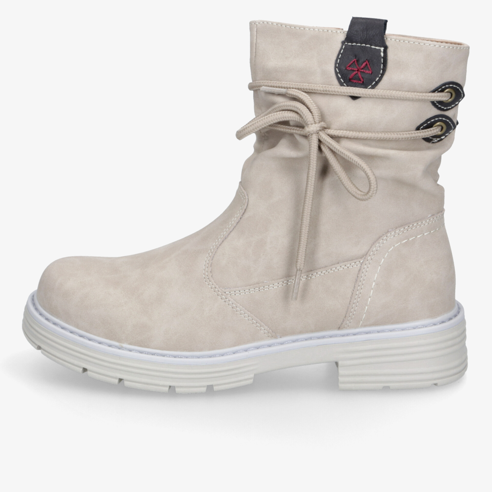 Beiger Stiefel mit Schnürung, robuster rutschfester Sohle und komfortablem weichem Material seitlich abgebildet