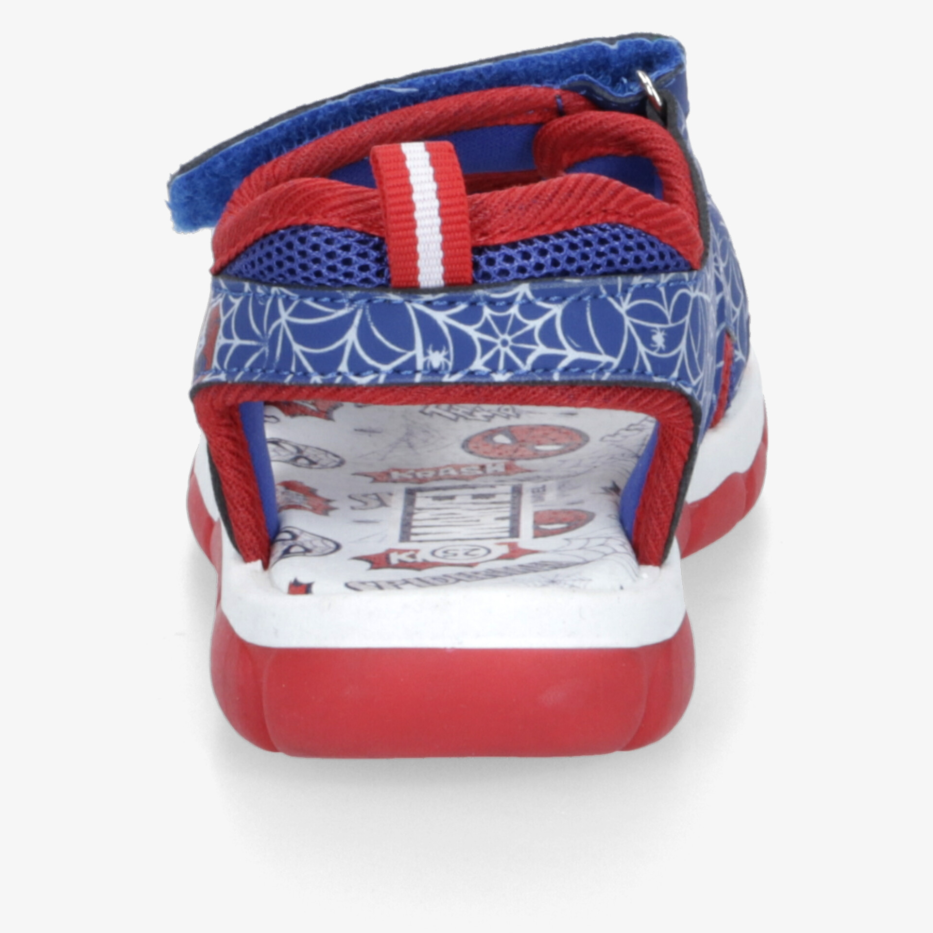 Rückansicht eines sportlichen, bequemen und atmungsaktiven Schuhs mit robuster, rutschfester Sohle in Blau und Rot