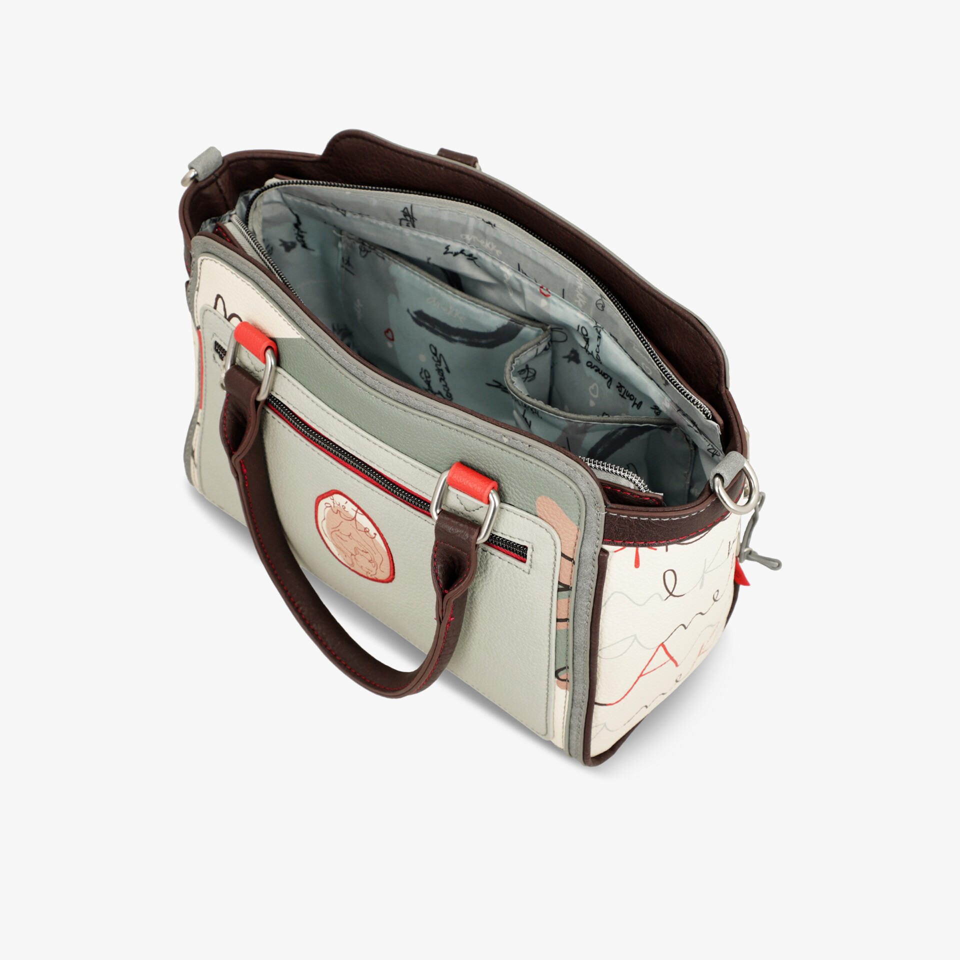 Offene Handtasche mit mehreren Fächern und stabilem Griff, modernes Design in neutralen Farben