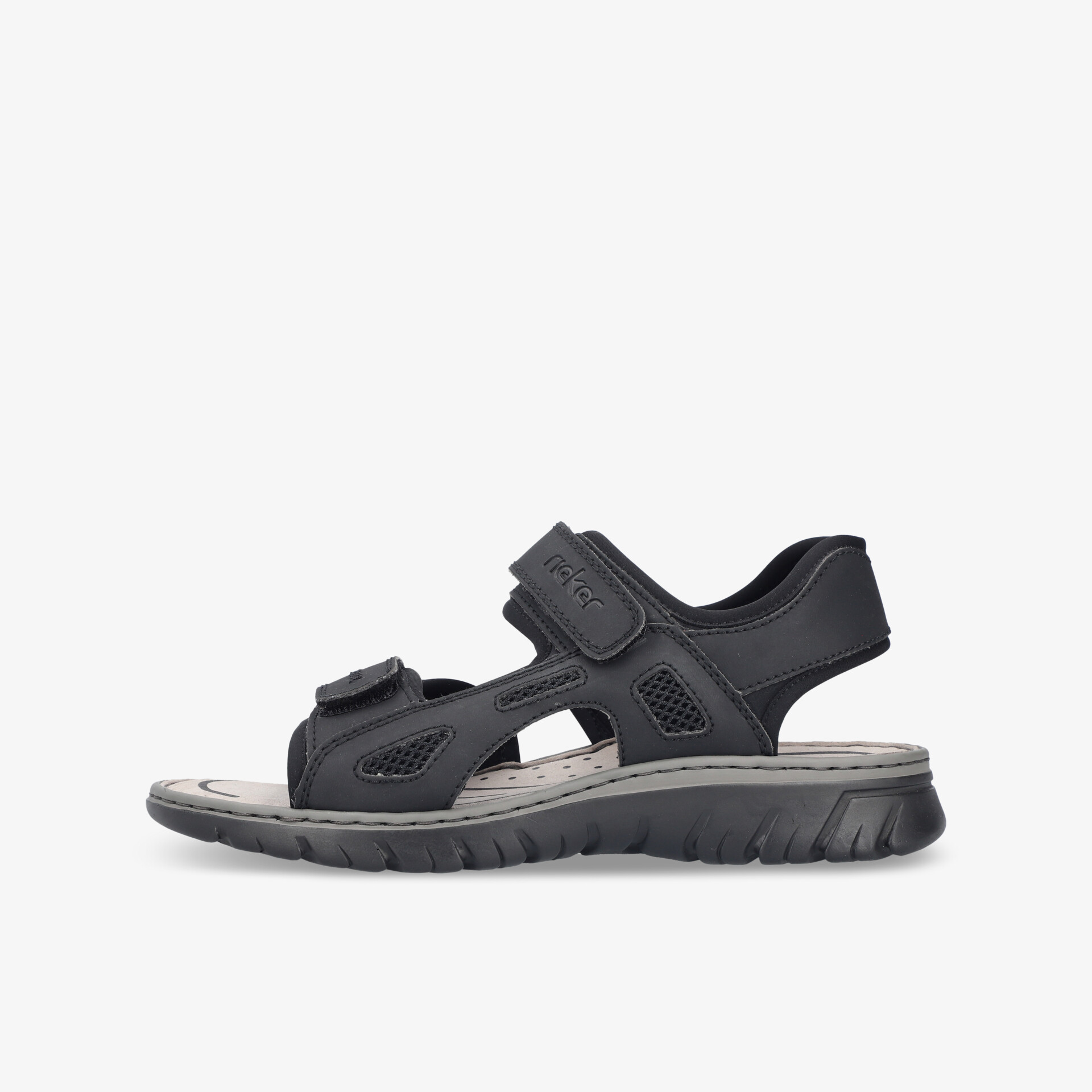 Leichte schwarze Sandale mit verstellbaren Klettverschlüssen und rutschfester flexibler Sohle, seitliche Ansicht