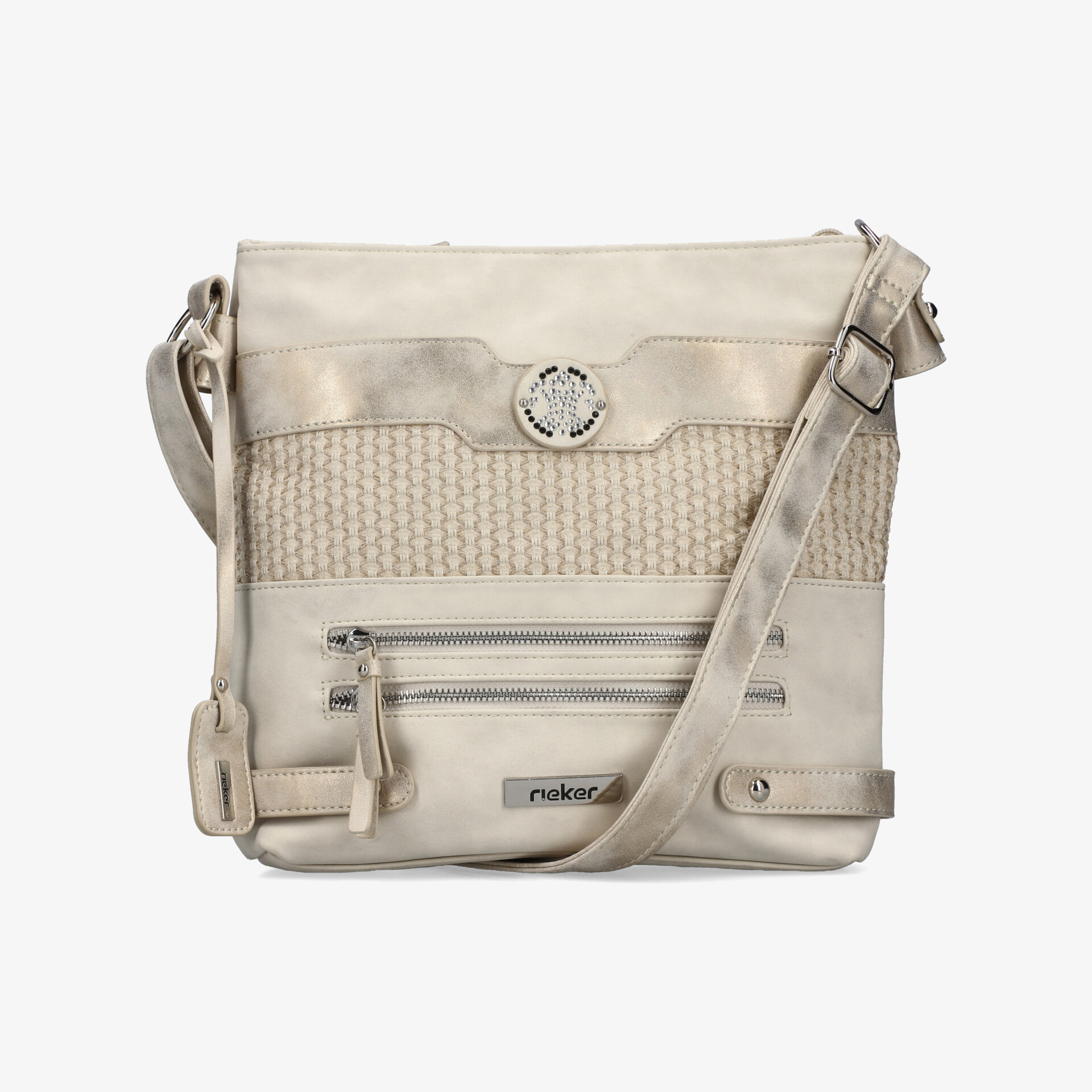 Beige Umhängetasche mit verstellbarem Gurt und mehreren Reißverschlussfächern, praktisch und leicht im Alltag
