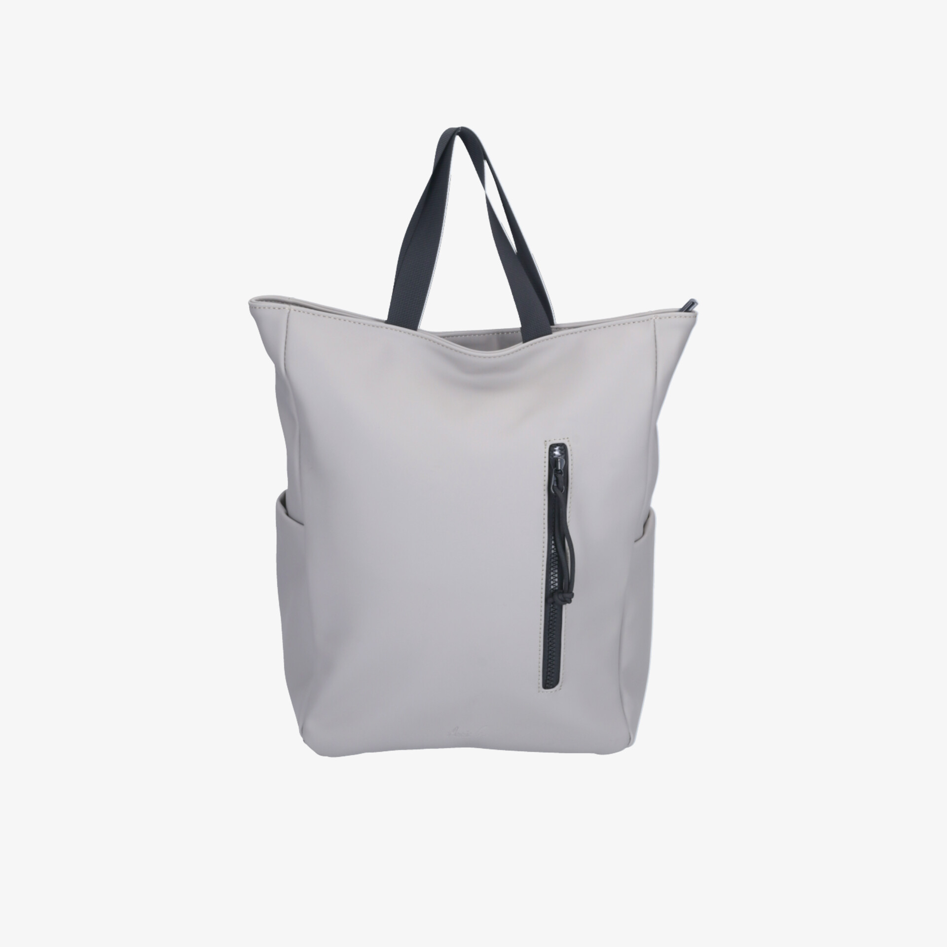 Moderner grauer Rucksack mit geräumigem Hauptfach, praktischem Reißverschlussfach und stabilem Tragegriff vorne sichtbar