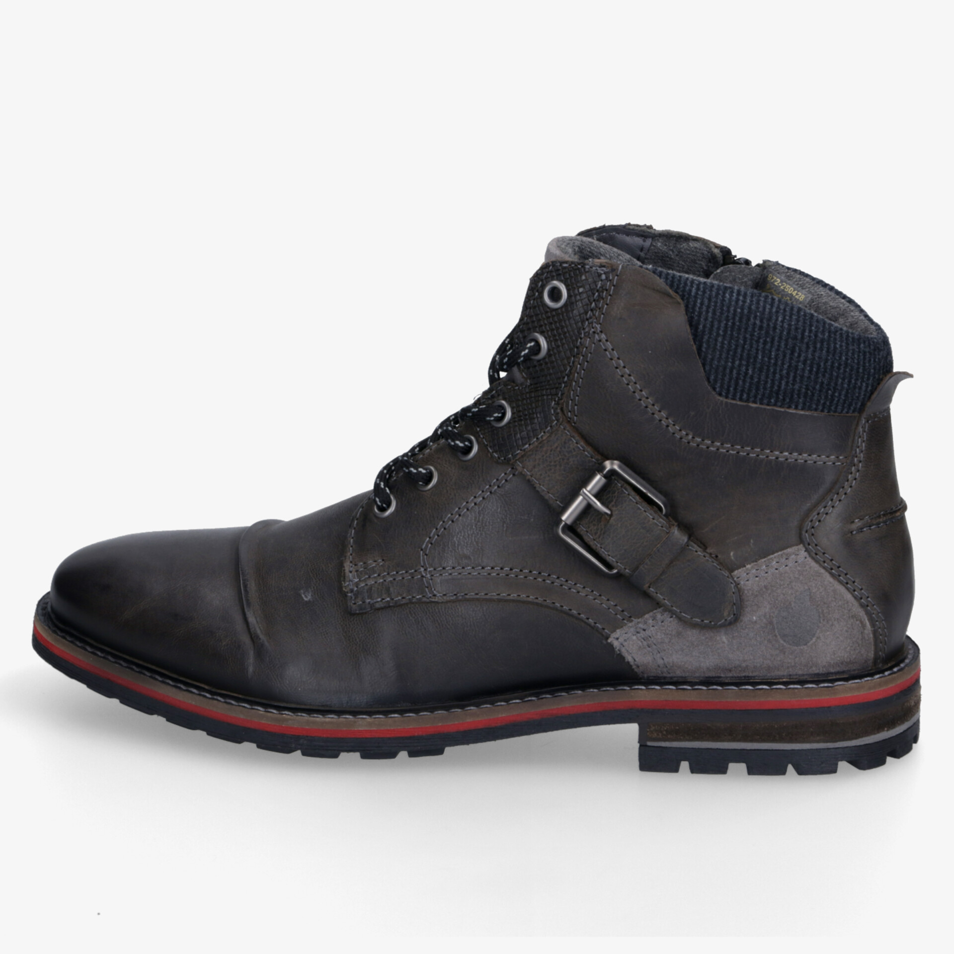 Eleganter schwarzer Stiefel mit Schnürung und Schnalle, seitlicher Blick, ideal für kühle Tage und stilvolle Outfits.