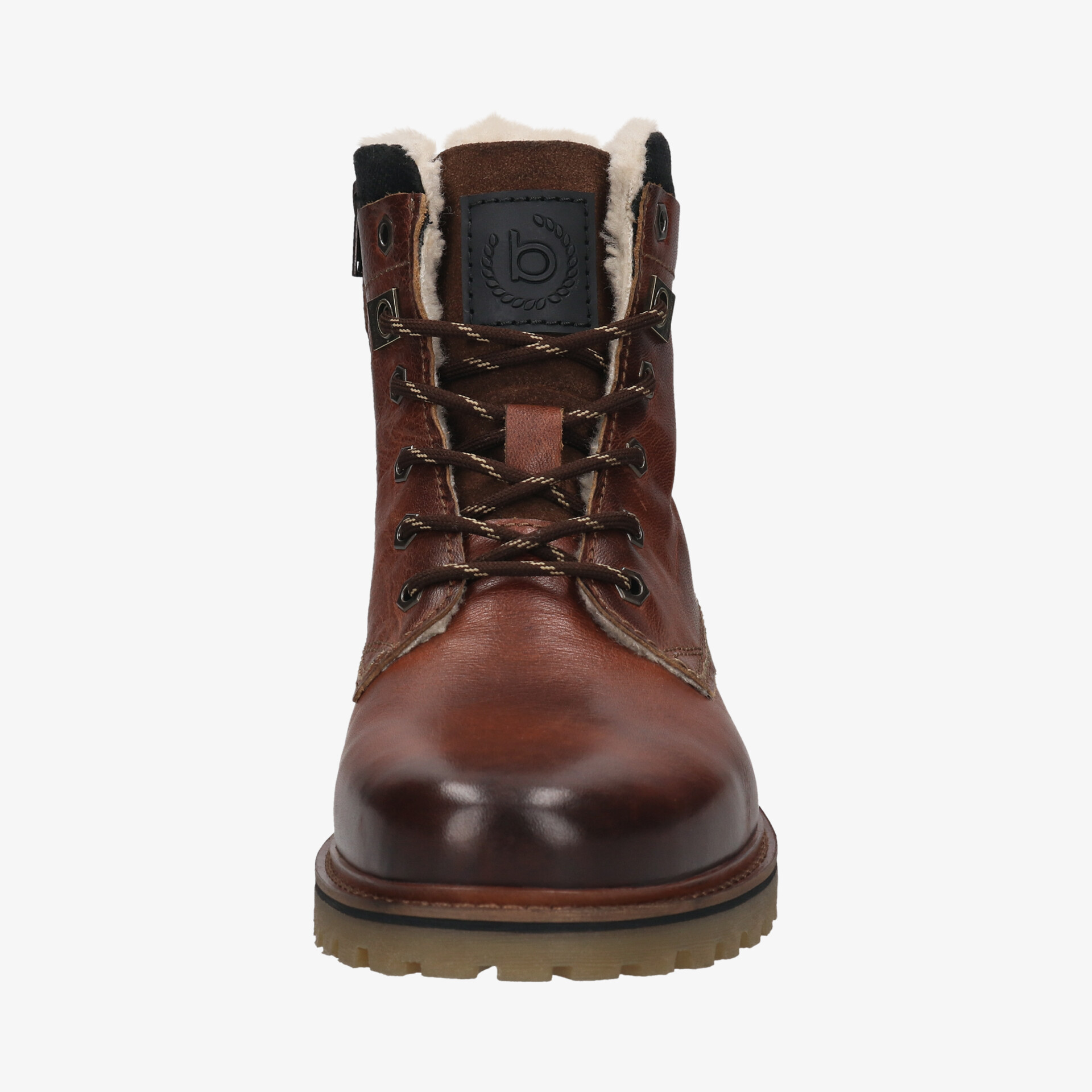 Robuster brauner Lederstiefel mit warmem Innenfutter, stabilen Schnürsenkeln und rutschfester Sohle in Frontansicht