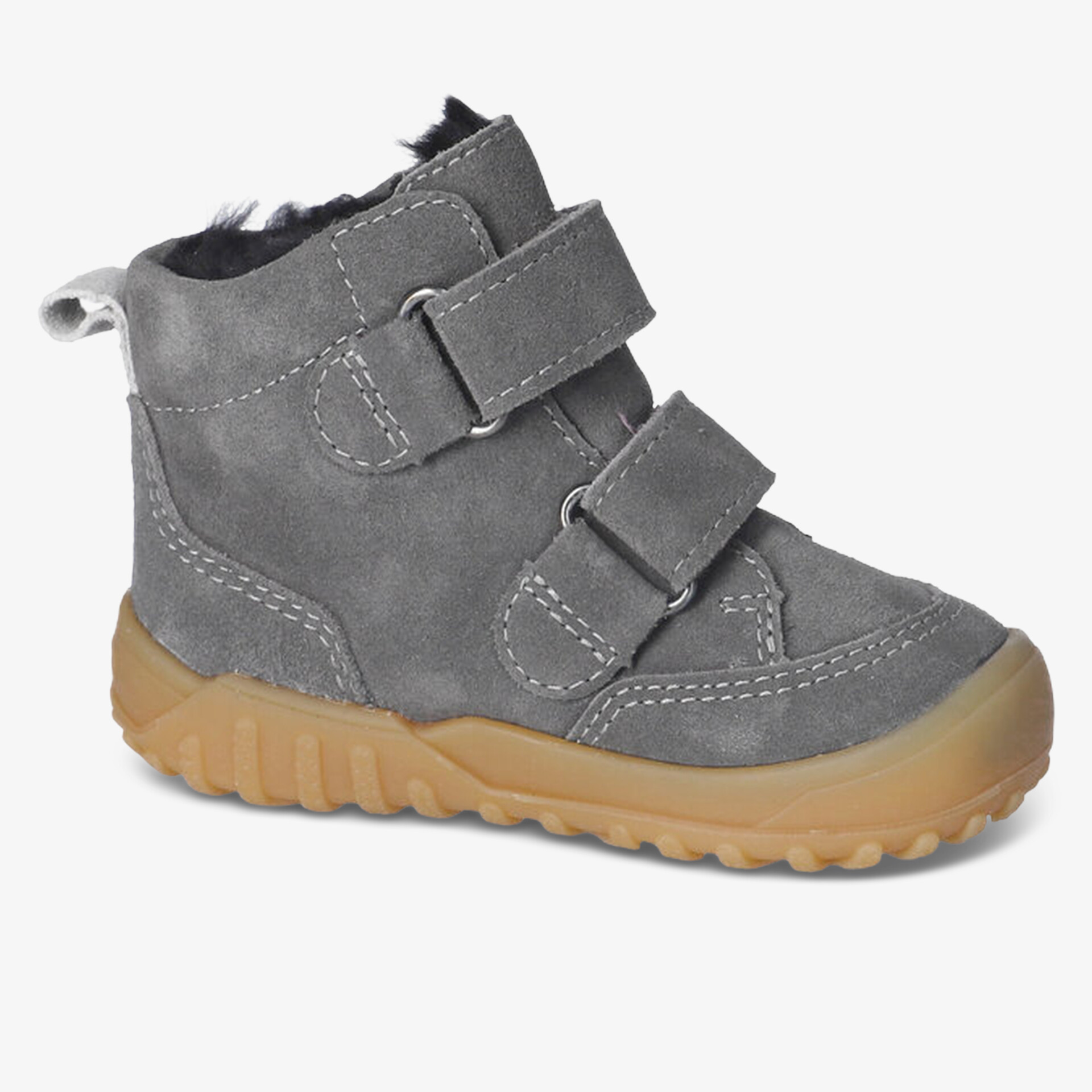 Robuster grauer Kinderschuh mit zwei Klettverschlüssen und flexibler rutschfester Gummisohle