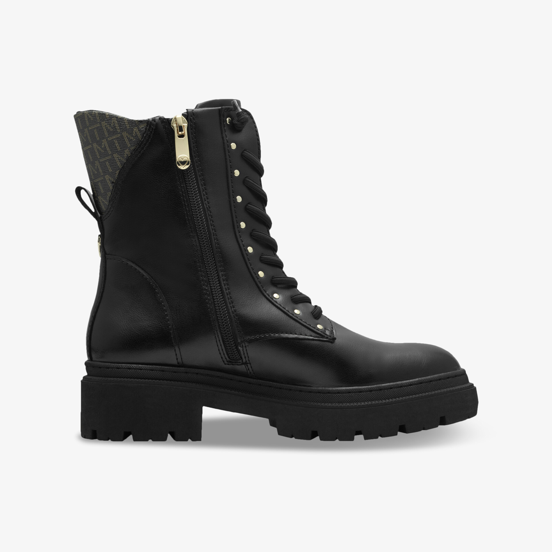 Schwarzer robuster Stiefel seitlich mit Reißverschluss und Schnürung, modisch und stabil mit profilierter Sohle