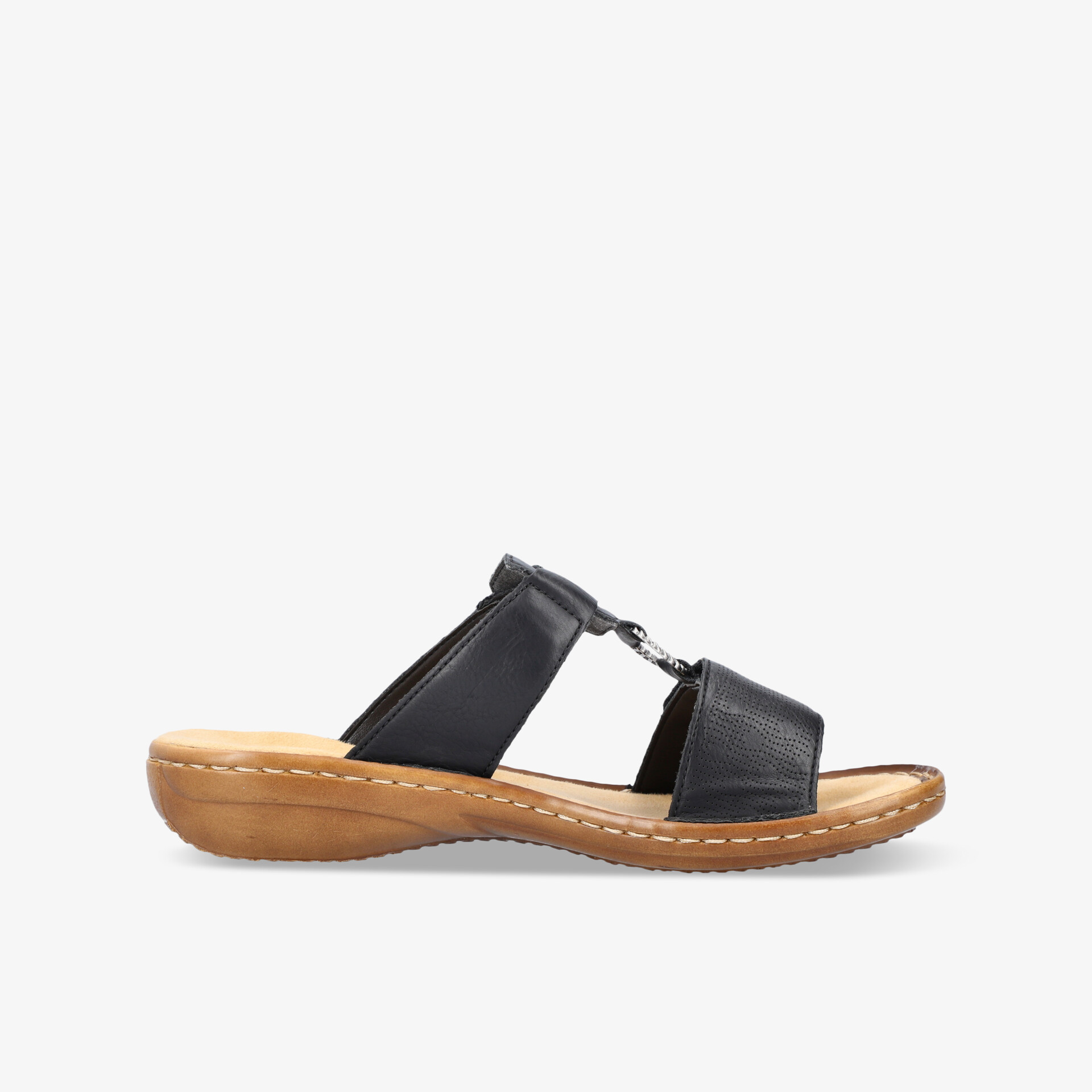 Leichtes und komfortables schwarzes Sandalenslipper mit ergonomischer Passform und rutschfester Sohle, seitliche Ansicht