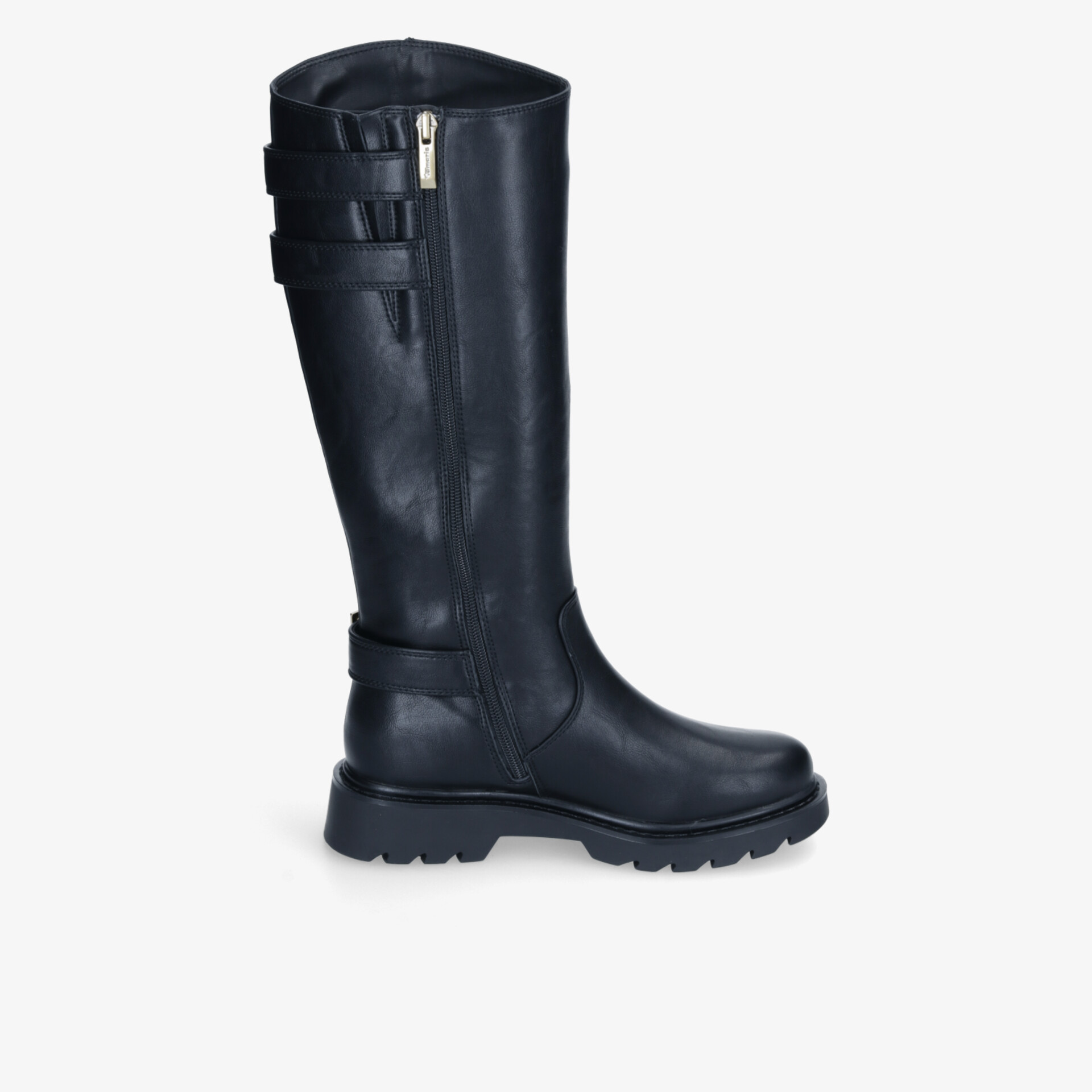 Schwarzer hoher Stiefel mit robustem Reißverschluss und doppeltem Riemen, profilierte Sohle für sicheren Halt