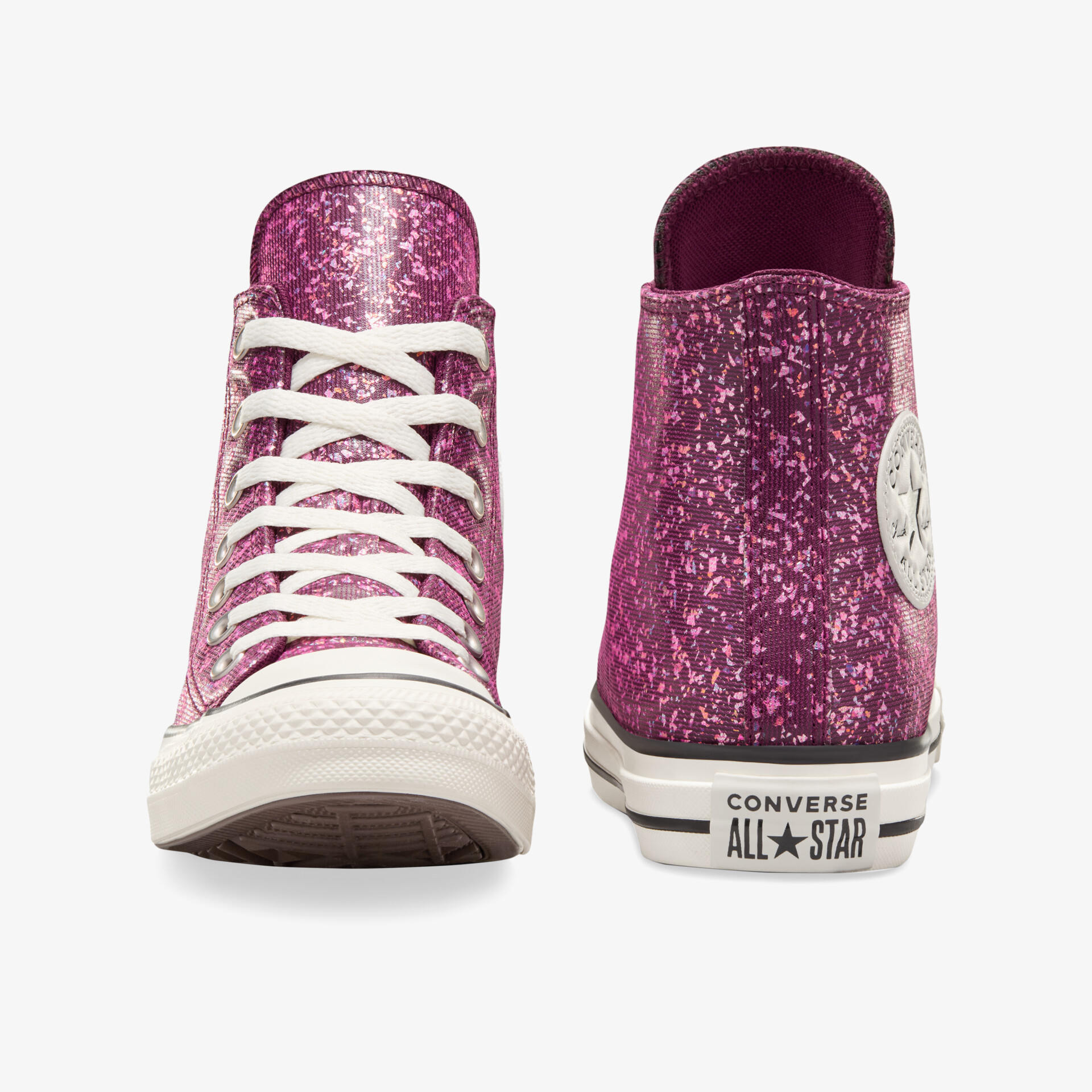 Rosa glitzernder hoher Sneaker mit weißer Schnürung und robuster Gummisohle in Front- und Rückansicht