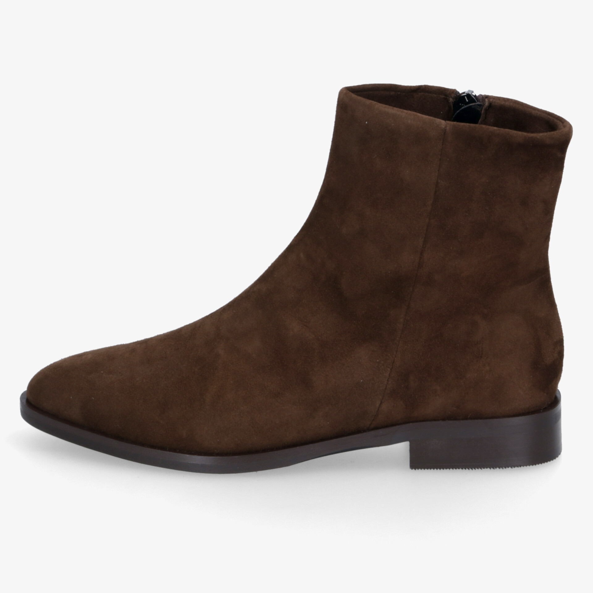 Brauner Wildleder Ankelboot mit Reißverschluss, flachem Absatz und komfortablem Design für eleganten Alltag