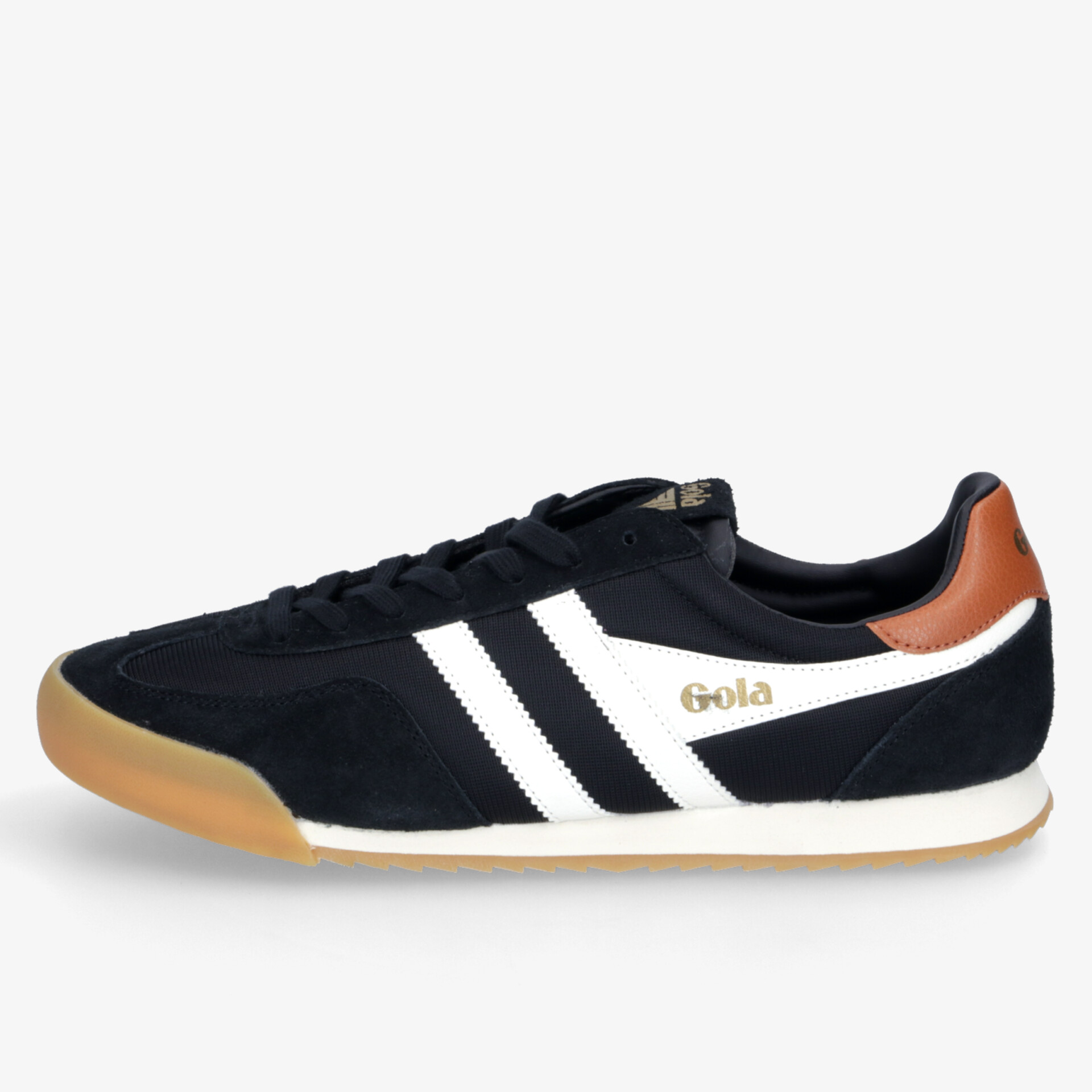 Schwarzer Sportschuh mit weißem Streifen und karamellfarbenem Fersenbereich, komfortabel und leicht
