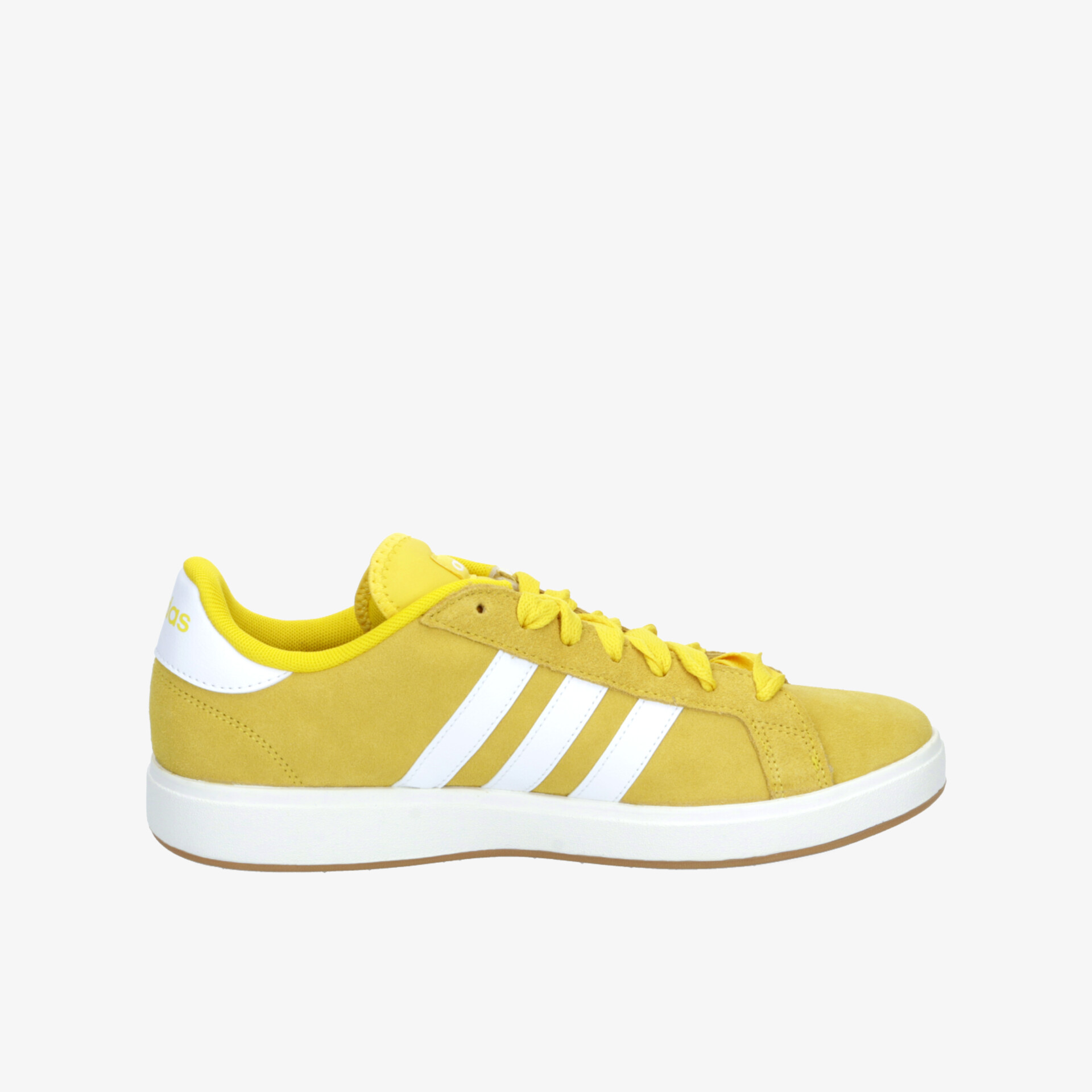 Seitliche Ansicht eines gelben sportlichen Sneakers mit weiß gestreiftem Design und leichter Sohle