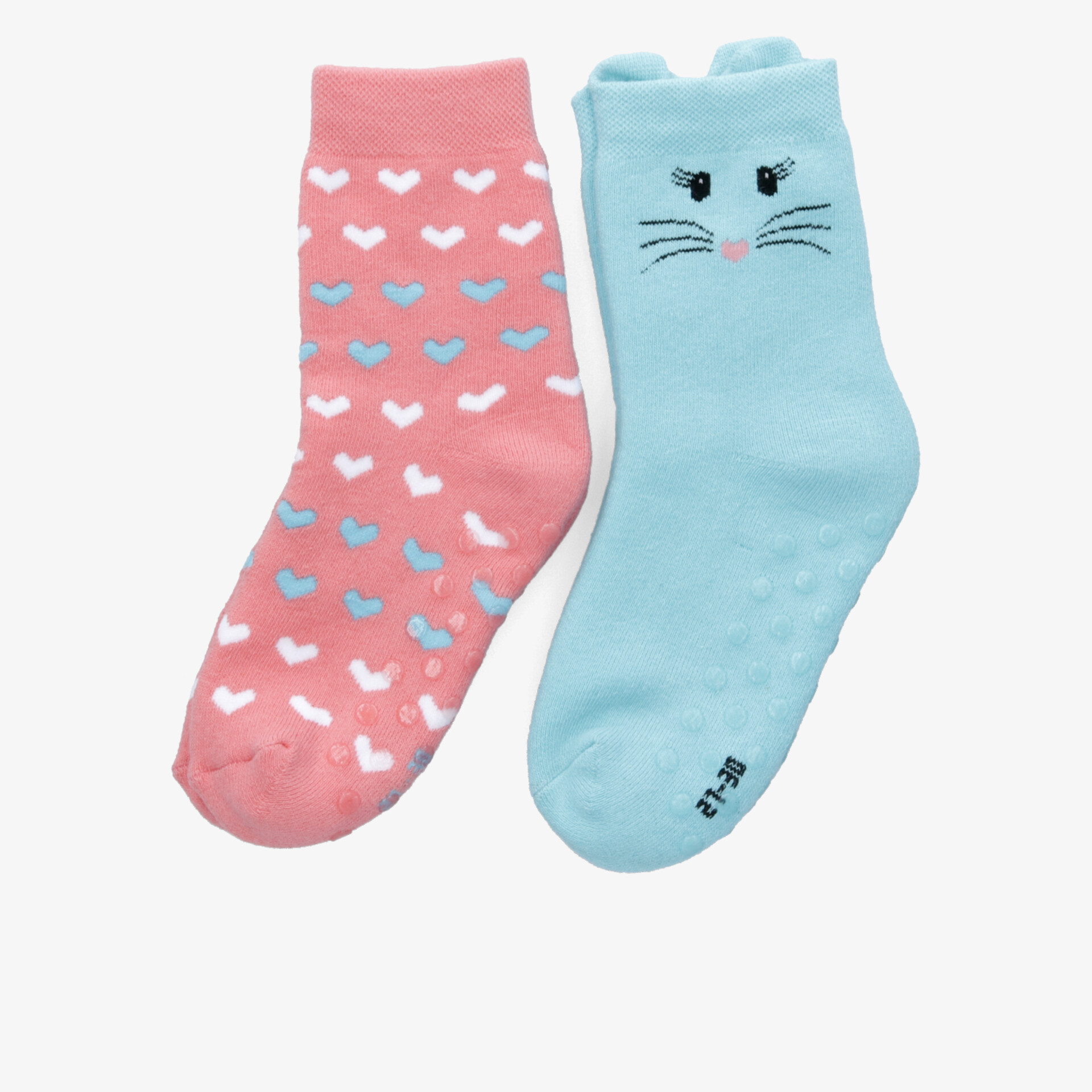 Bequeme, bunte Kindersocken mit Herzmuster und niedlichem Tiergesicht, rutschfest und elastisch für angenehmen Tragekomfort