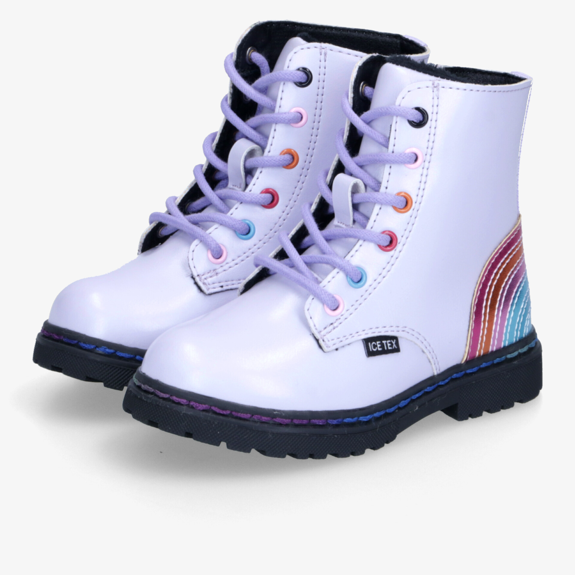 Weißes Schnürstiefel-Paar mit buntem Regenbogen-Design, robust und bequem, rutschfeste schwarze Sohle