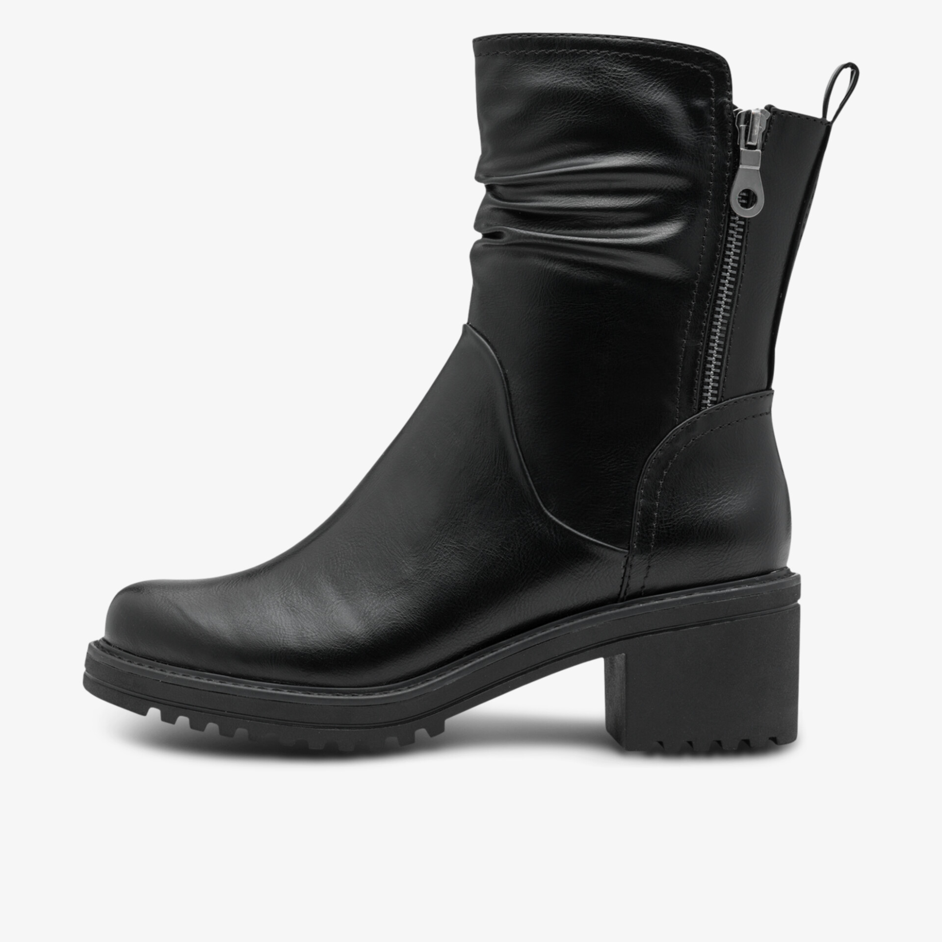 Schwarze Stiefelette mit seitlichem Reißverschluss, bequemem Blockabsatz und glattem Leder, moderne Eleganz