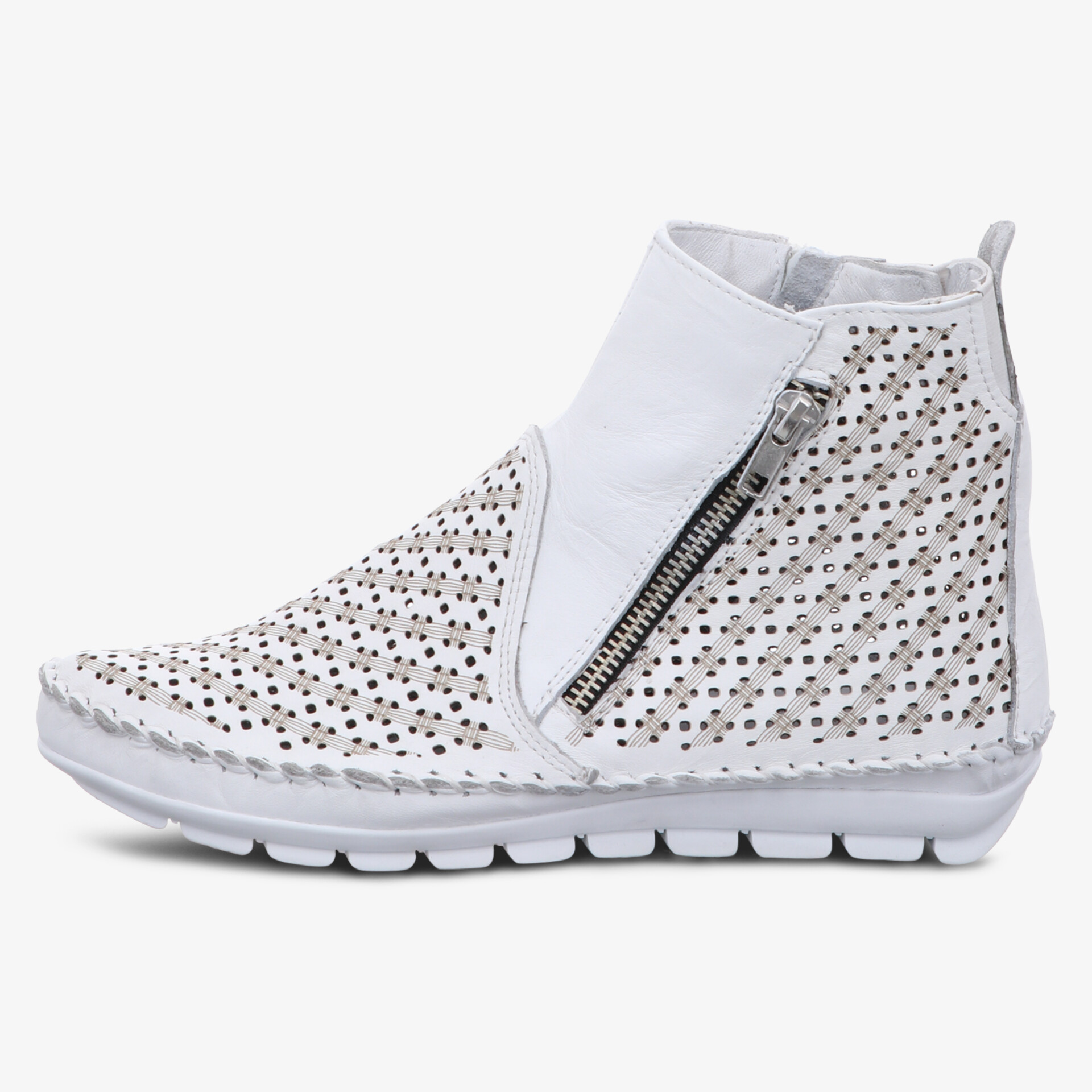 Moderner Schuh mit Reißverschluss und perforiertem Design in seitlicher Ansicht