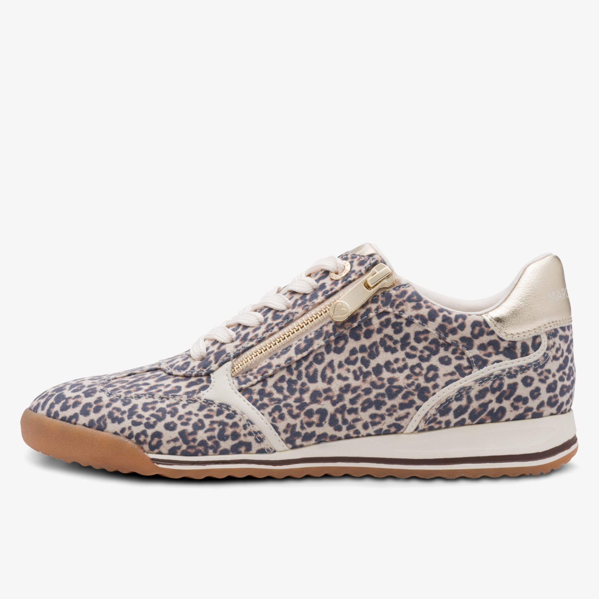 Seitliche Ansicht eines leichten Sneakers mit Leopardmuster und praktischem Reißverschluss für vielseitigen Tragekomfort