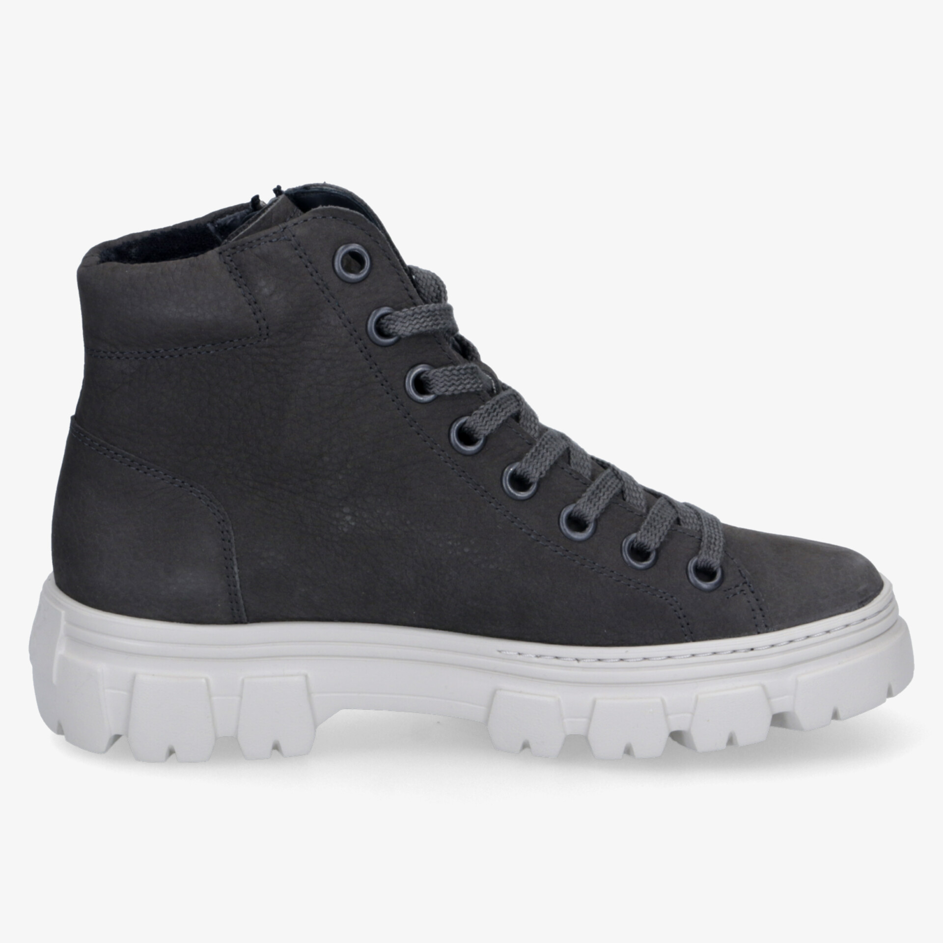 moderner robuster schwarzer Schuh mit dicker weißer Sohle, schnürbar, bequem für Alltag und Outdoor
