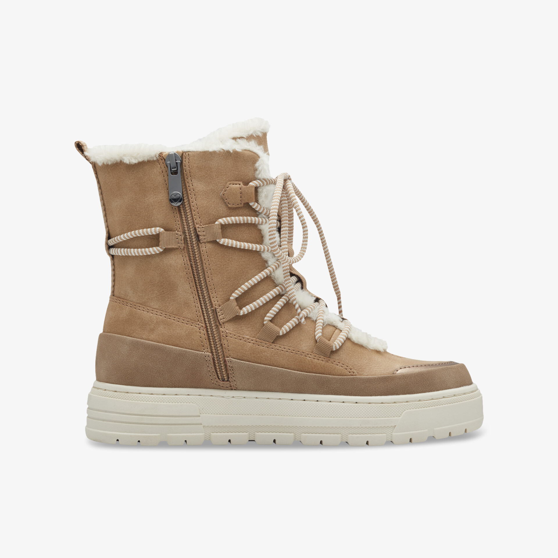 Beiger Winterstiefel seitlich mit warmem Futter, Reißverschluss und robuster rutschfester Sohle für optimalen Komfort