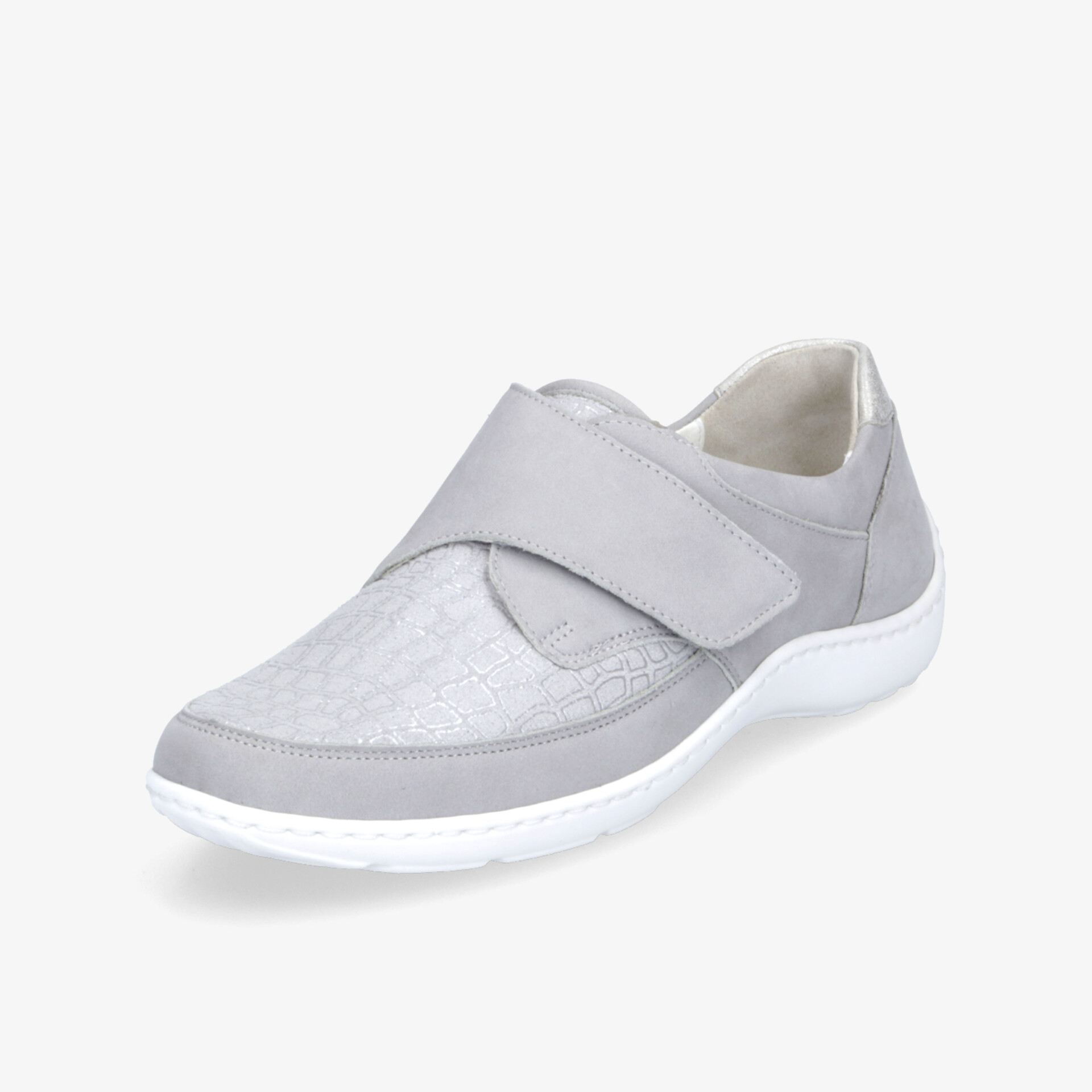 Leichter grauer Schuh mit bequemem Tragekomfort, flexibler Sohle und praktischem Klettverschluss