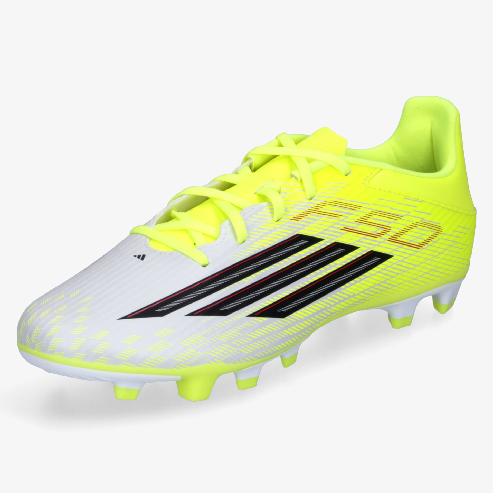 Leuchtend gelber Fußballschuh mit schwarzen Streifen und robusten Nocken für sicheren Halt auf dem Spielfeld