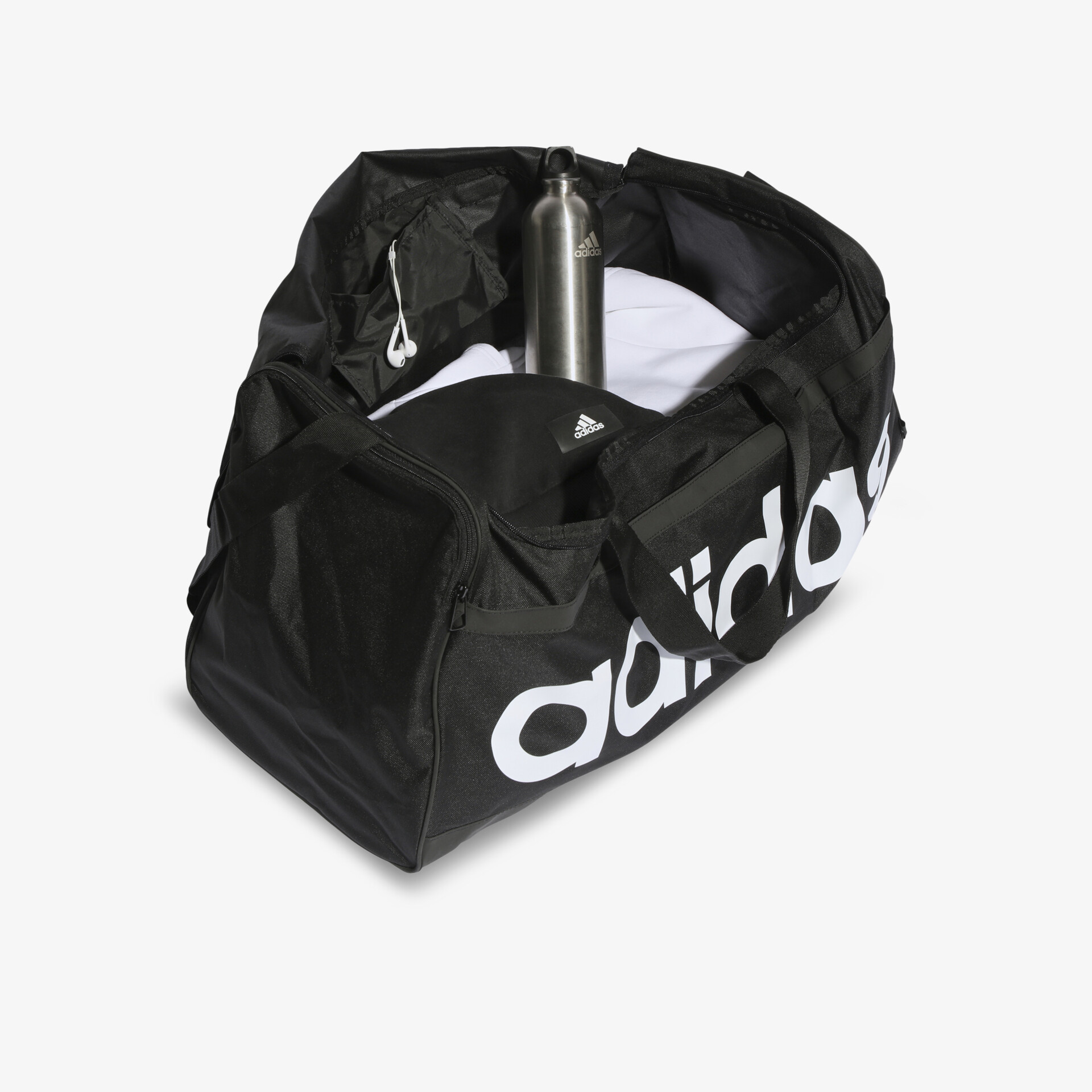 Robuste schwarze Sporttasche mit großem Markenlogo, perfekt für Fitness und Alltag, geräumig und praktisch.