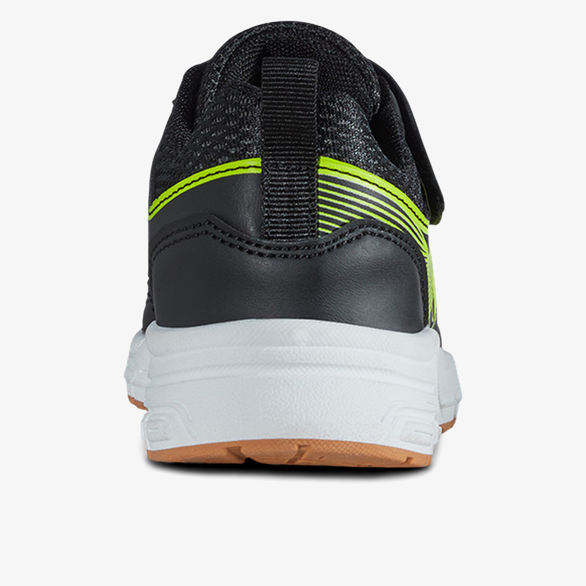 Rückansicht eines sportlichen, komfortablen Schuhs mit weißer Sohle und schwarzem Obermaterial