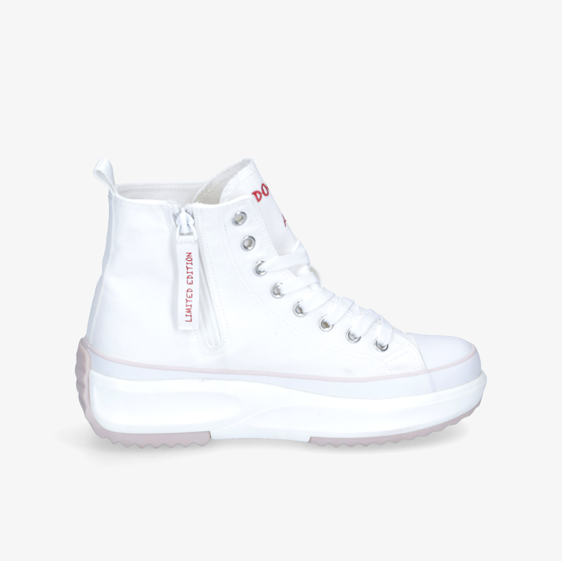 Moderner weißer High-Top-Sneaker mit seitlichem Reißverschluss und robuster Sohle für vielseitige Outfits.