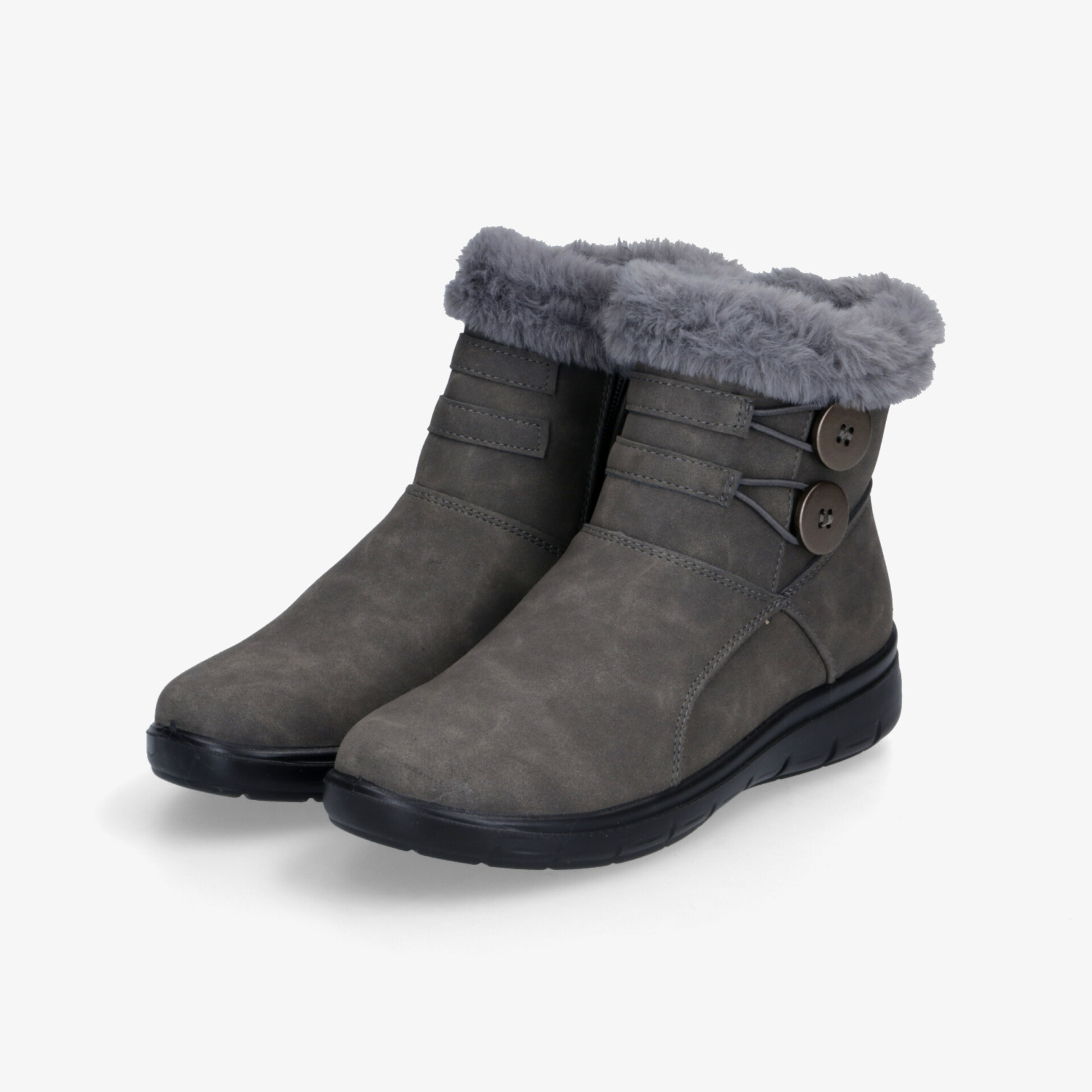 Grauer Winterstiefel mit warmem Fellfutter, rutschfester Sohle und dekorativem Knopfverschluss für bequemen Halt