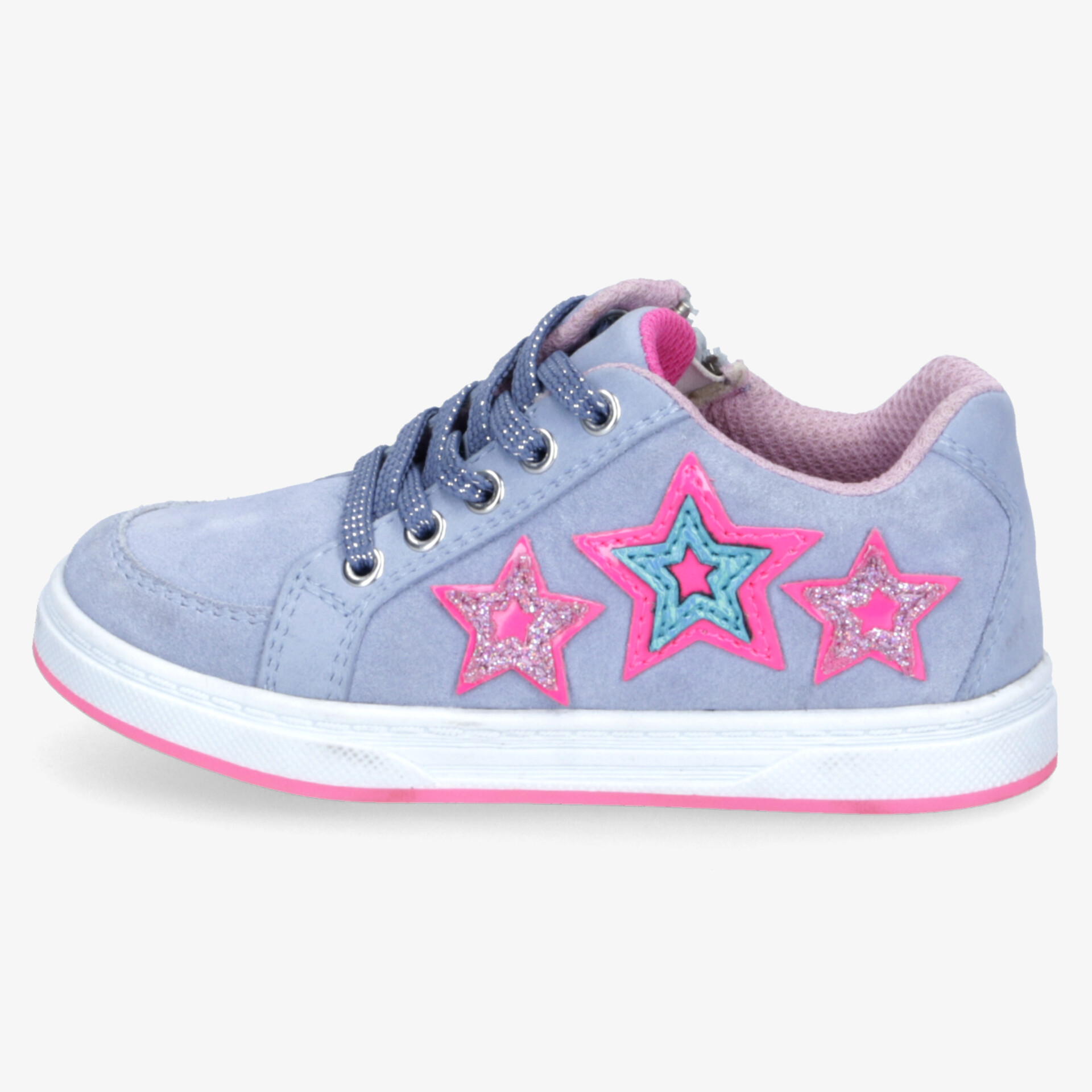 Leichter Kinderschuh in Blau mit pinken Sternmotiven, flexible Sohle und bequemer Passform, modisch und komfortabel
