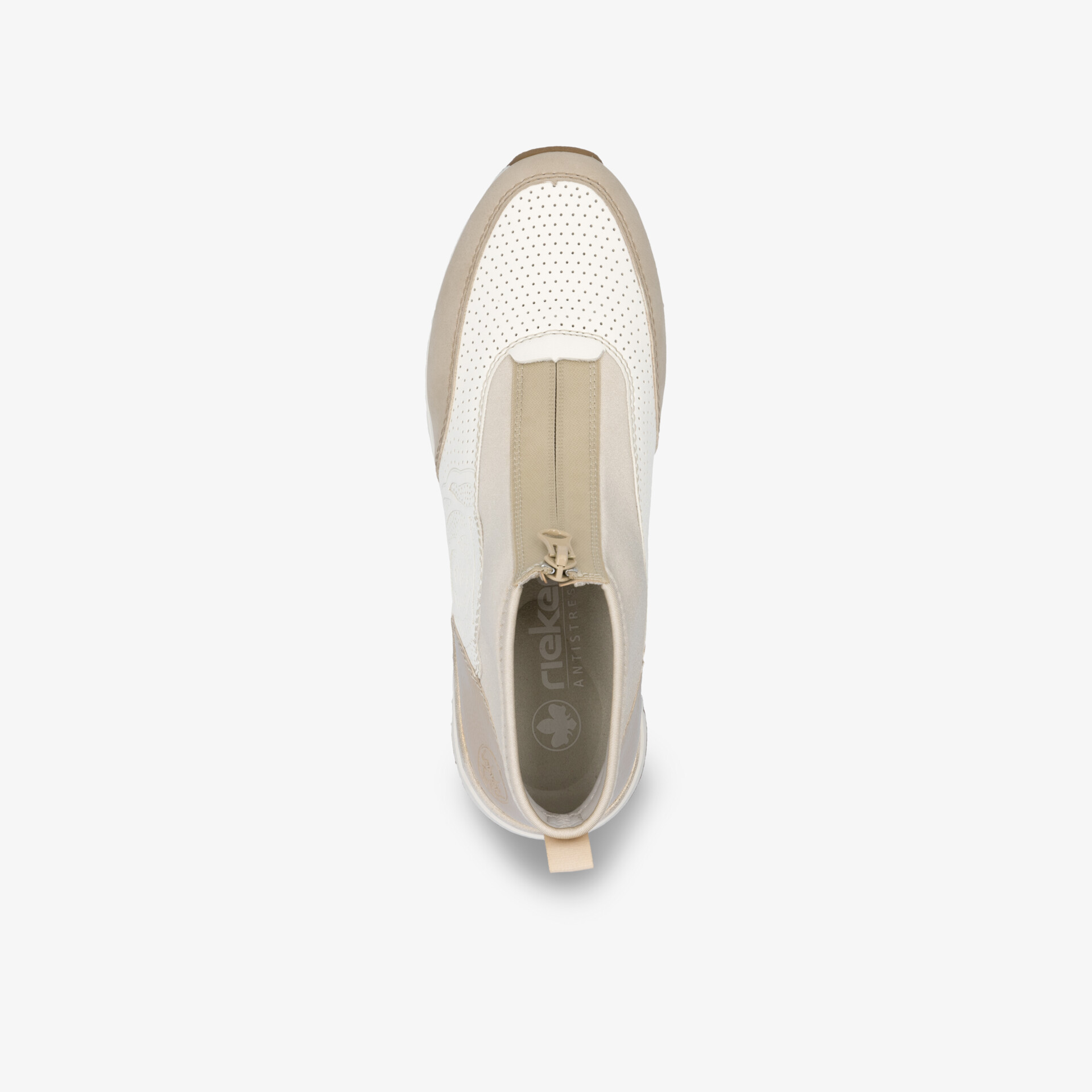 Moderner leichter Schuh mit atmungsaktivem Design und flexiblem Material in creme und beige, Draufsicht