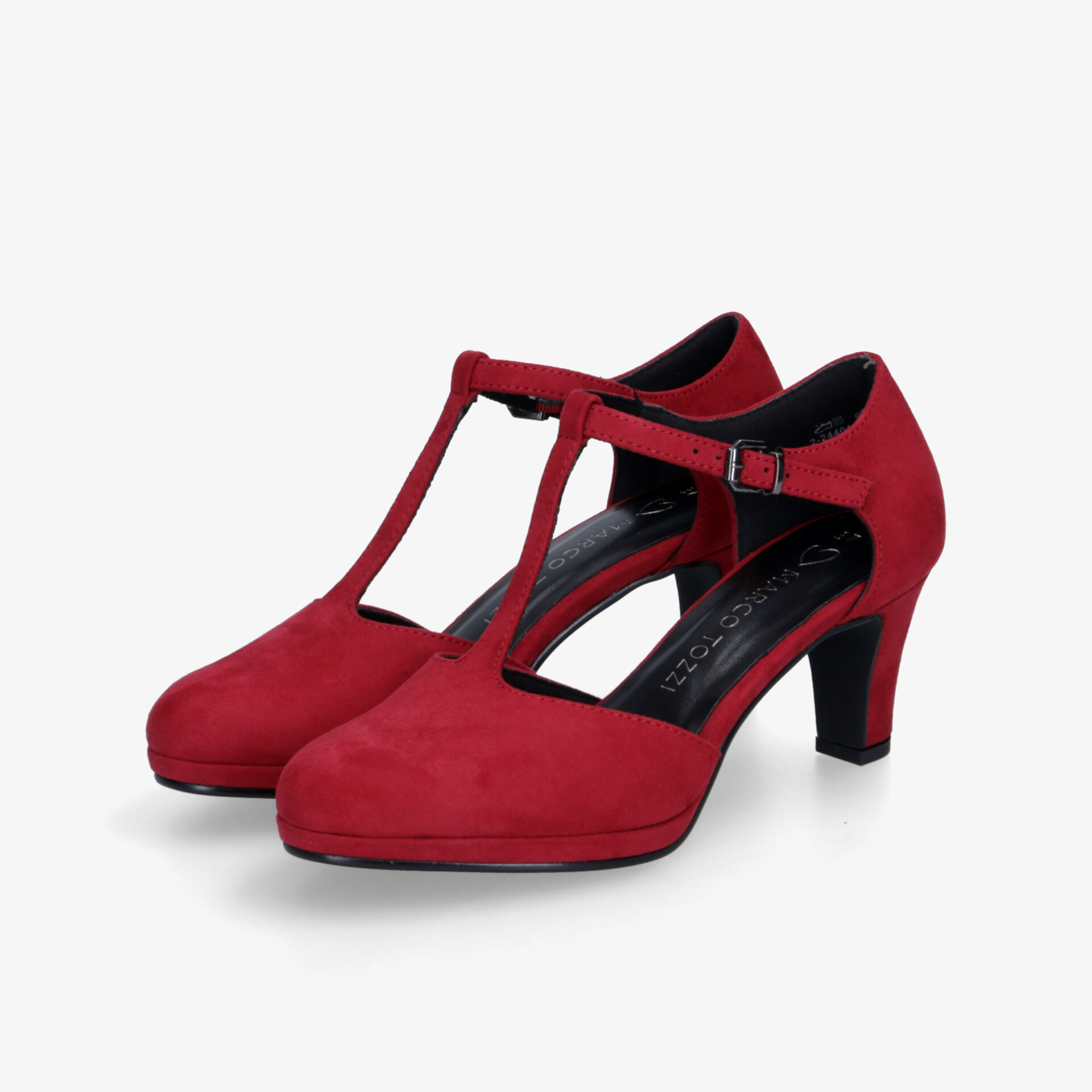 Rote T-Riemen Pumps mit mittelhohem Absatz, eleganter Stil und bequeme Passform in 3/4-Ansicht