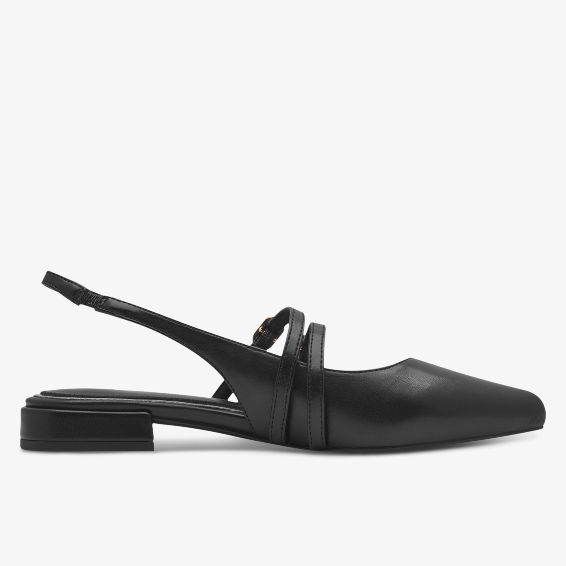 schwarzer eleganter Slipper mit spitzem Zehenbereich und flachem Absatz in klarer Seitenansicht