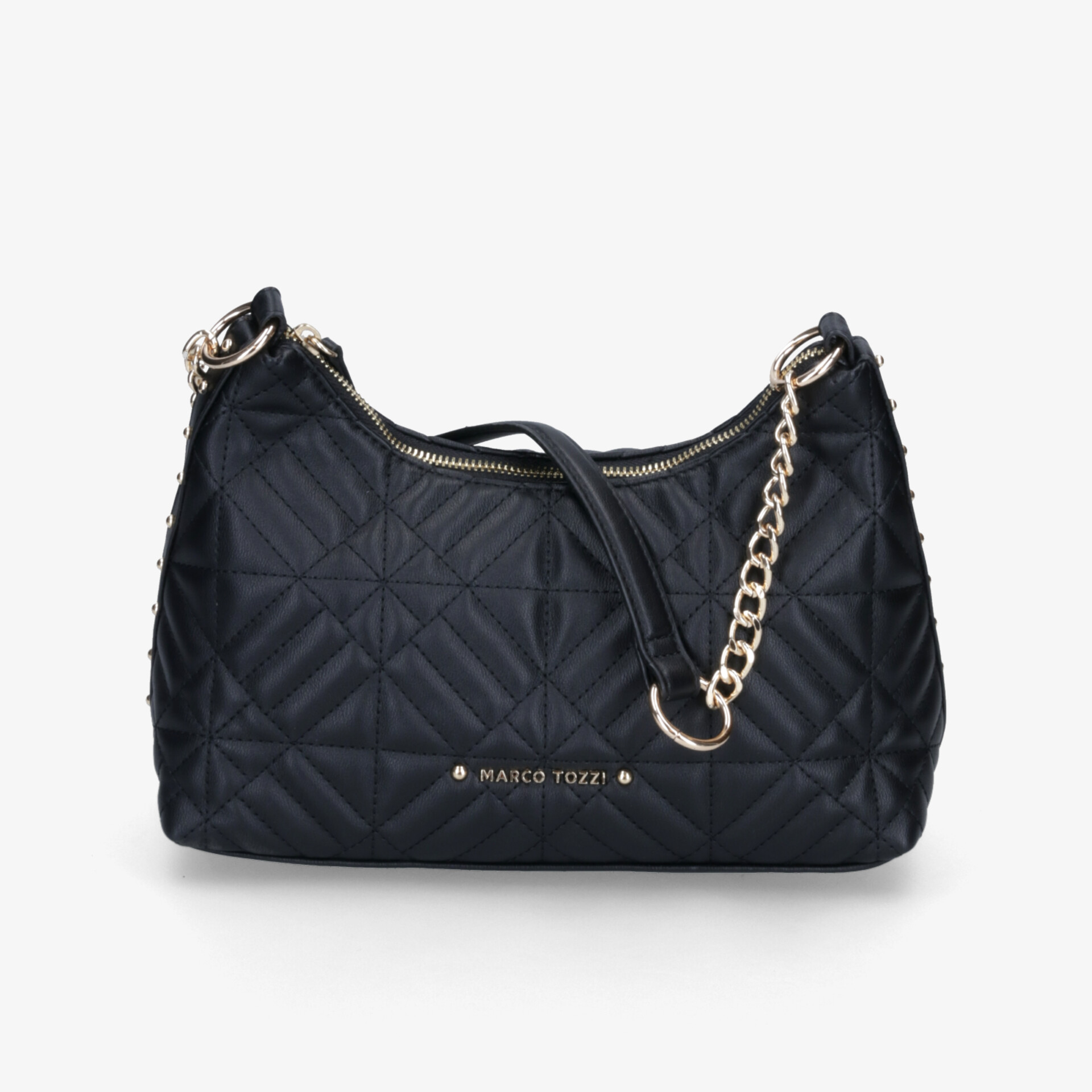 Elegante schwarze gesteppt Tasche mit goldfarbener Kette, kompakt und vielseitig kombinierbar für jeden Anlass