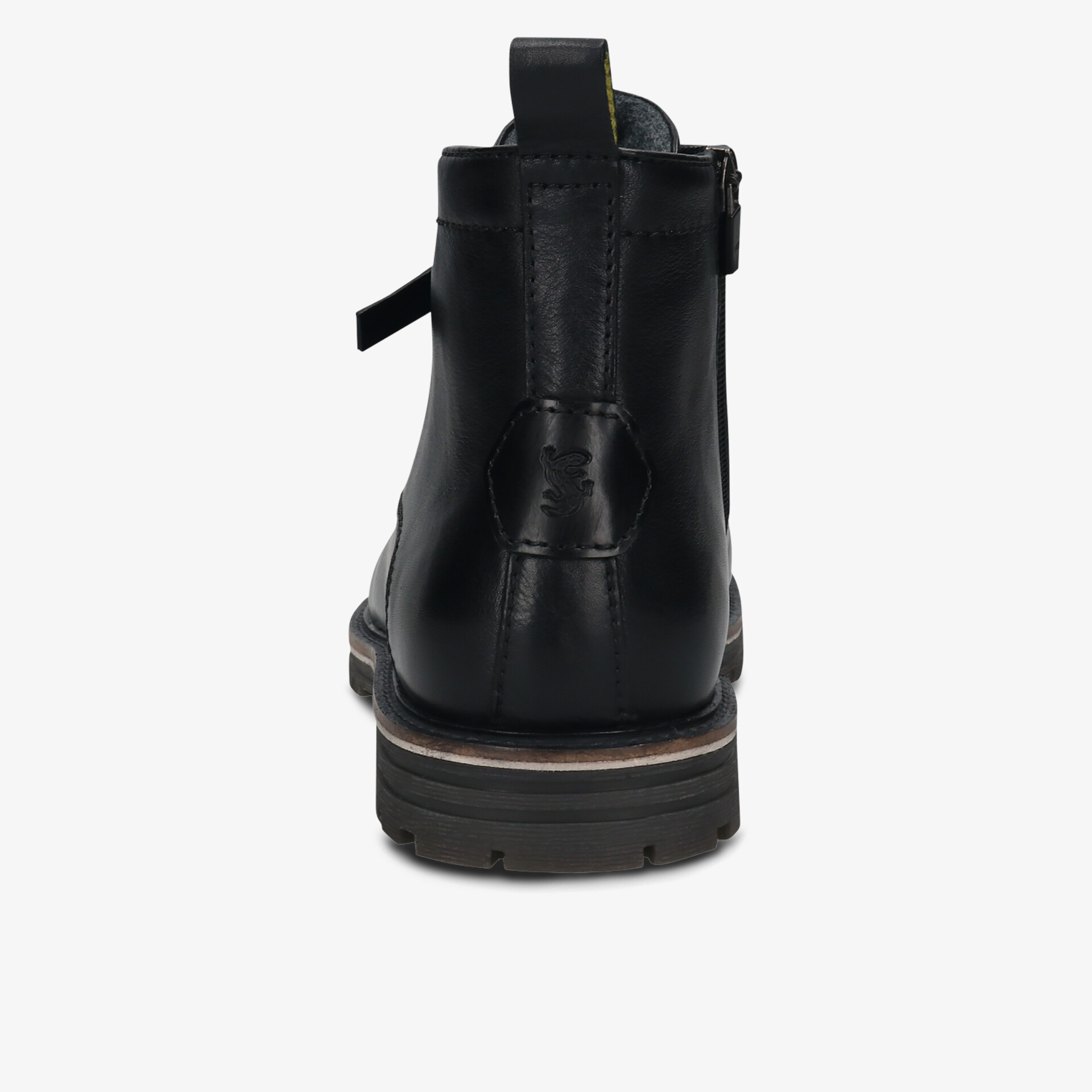 Robuste schwarze Stiefelette mit rutschfester Profilsohle und strapazierfähigem Leder, klare Rückansicht