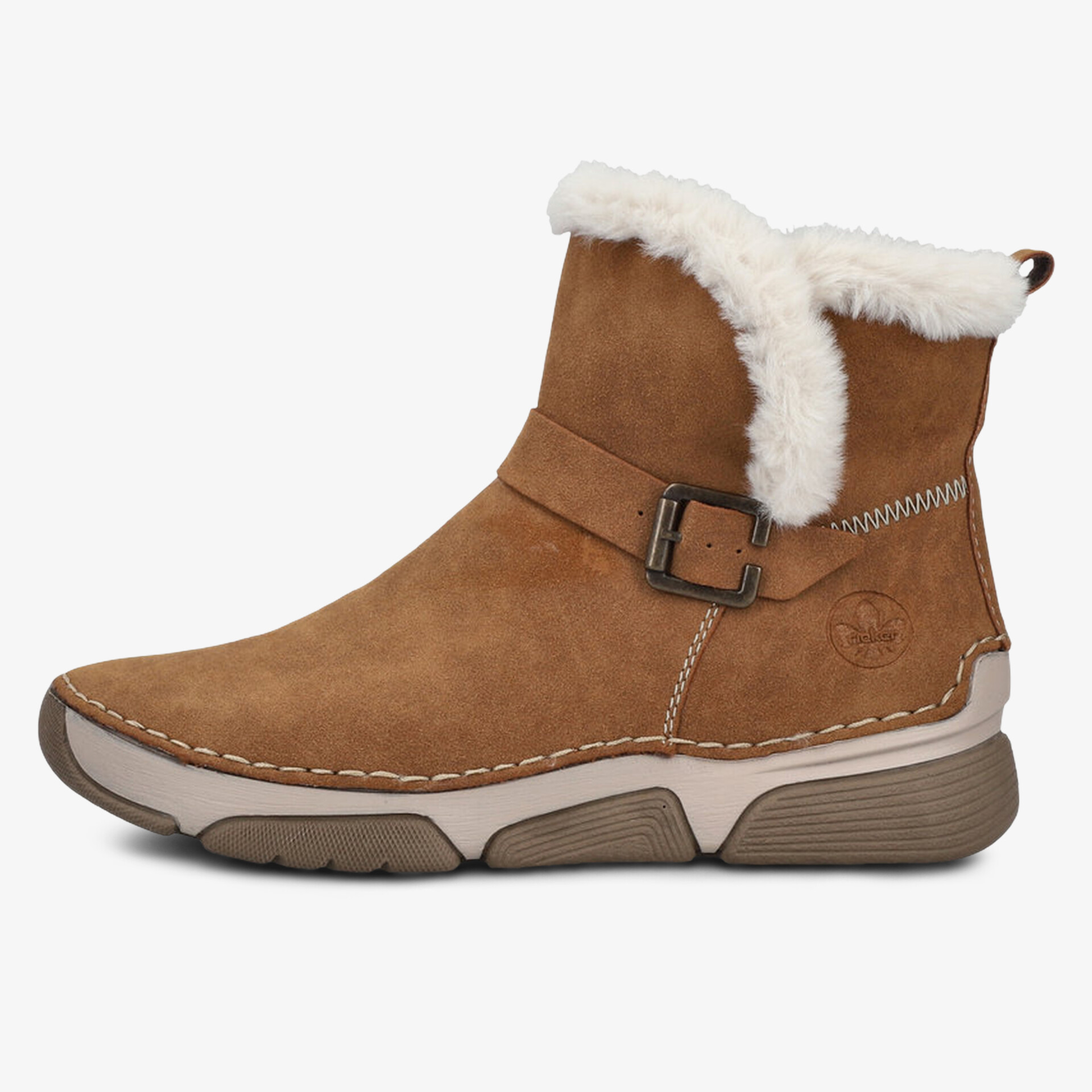 Warmer brauner Winterstiefel aus Wildleder mit komfortabler Fellfütterung und verstellbarer Schnalle, seitliche Ansicht