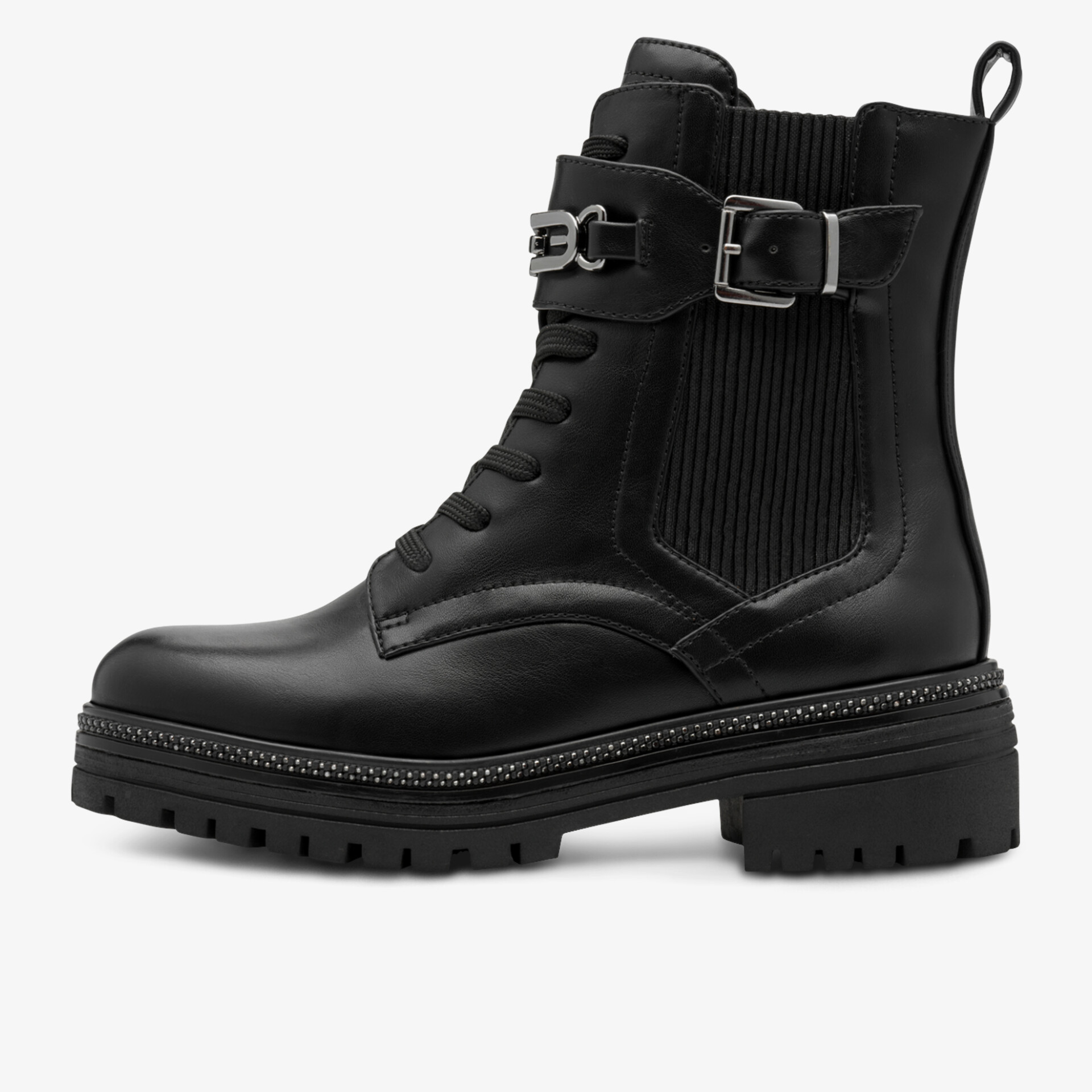 Schwarzer robuster Lederstiefel mit modischer Schnalle und profilierter Sohle, komfortabler Schaft für festen Halt