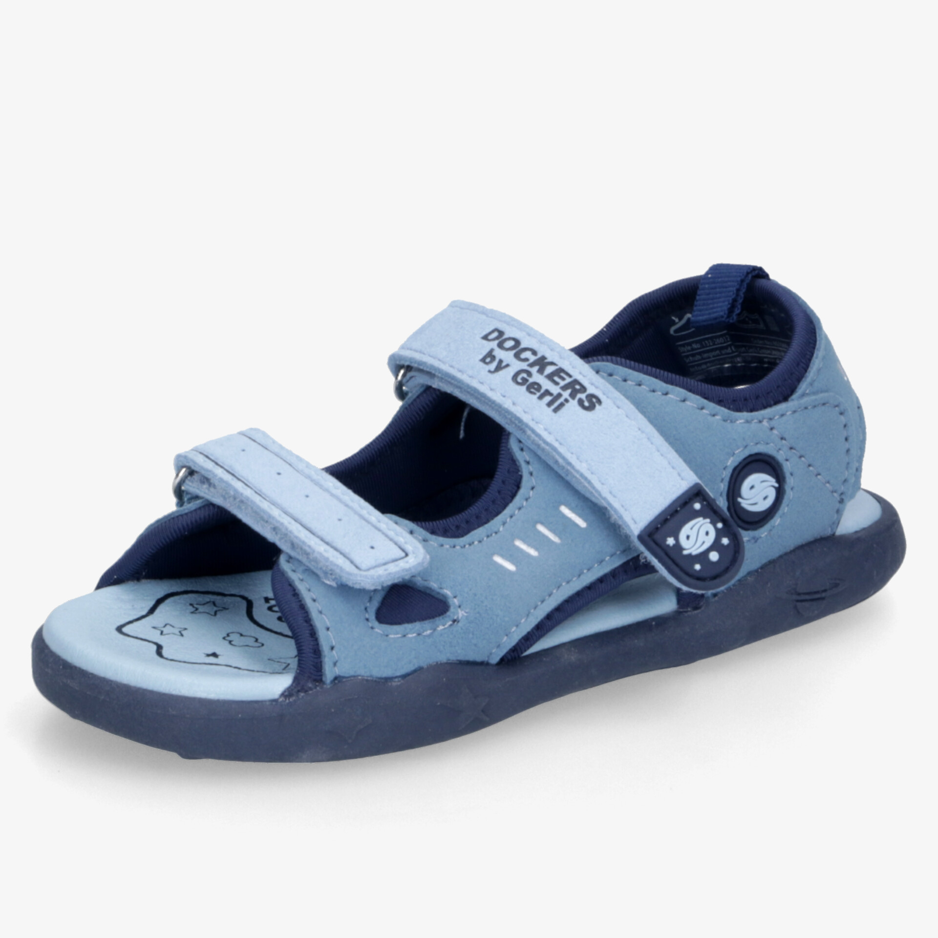 Leichte blaue Kindersandale mit verstellbaren Klettverschlüssen und weicher, flexibler rutschfester Sohle