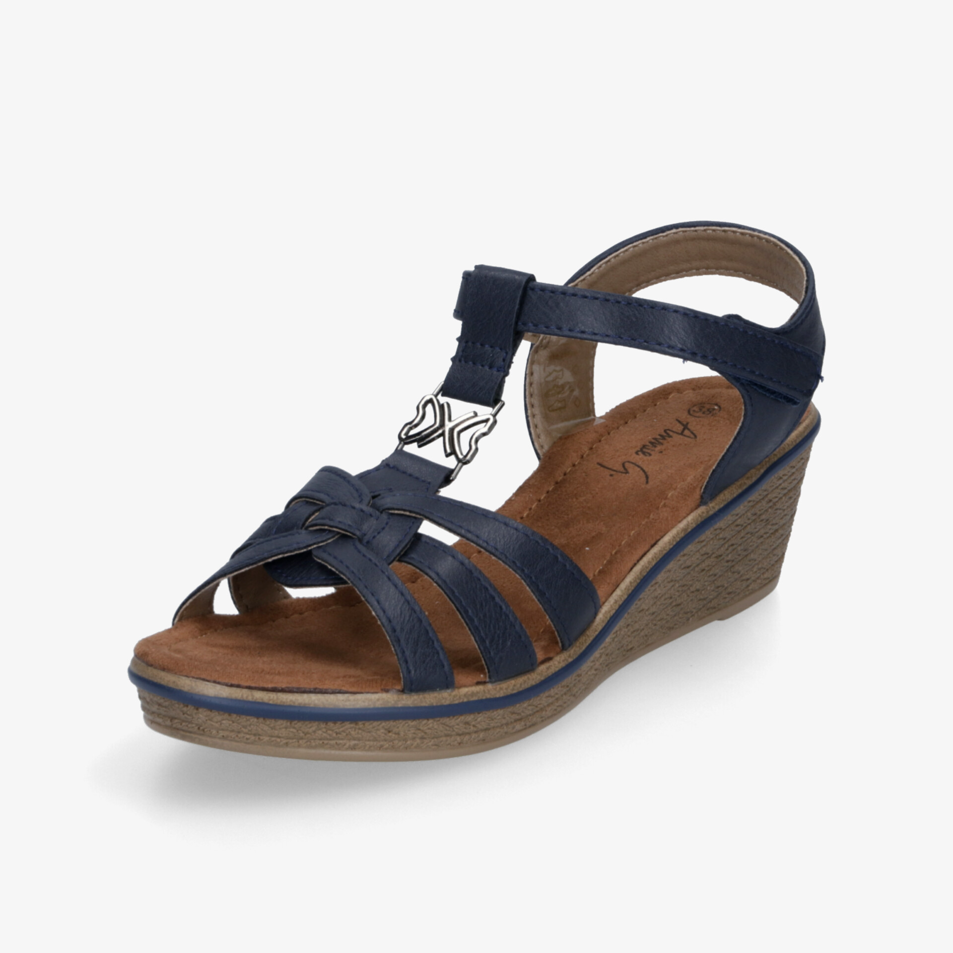 Komfortable blaue Sandale mit verstellbarem Riemen und leichtem Keilabsatz für sommerlichen Halt