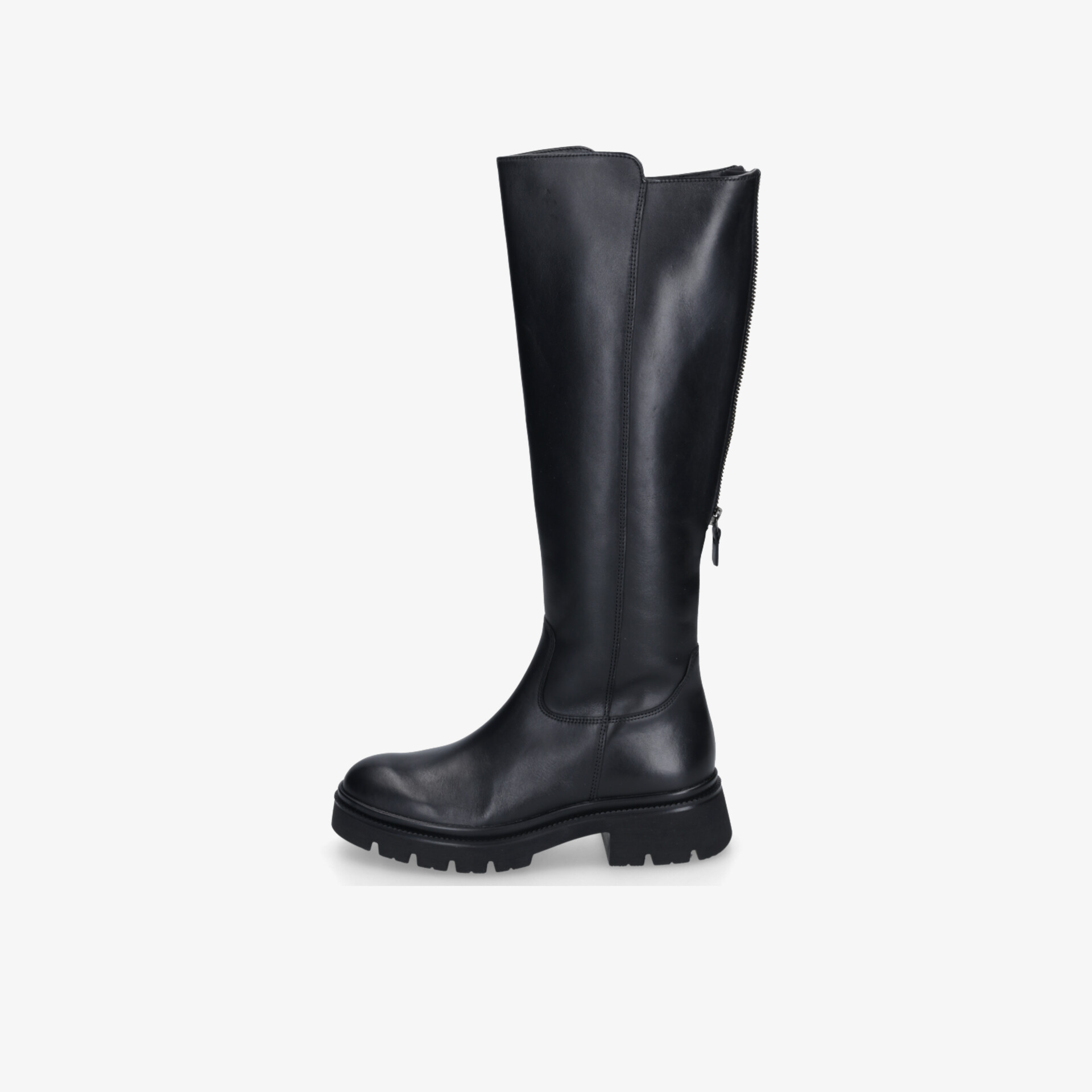 Schwarzer Stiefel mit hohem Schaft, robustem Absatz und rutschfester Sohle, seitliche Ansicht