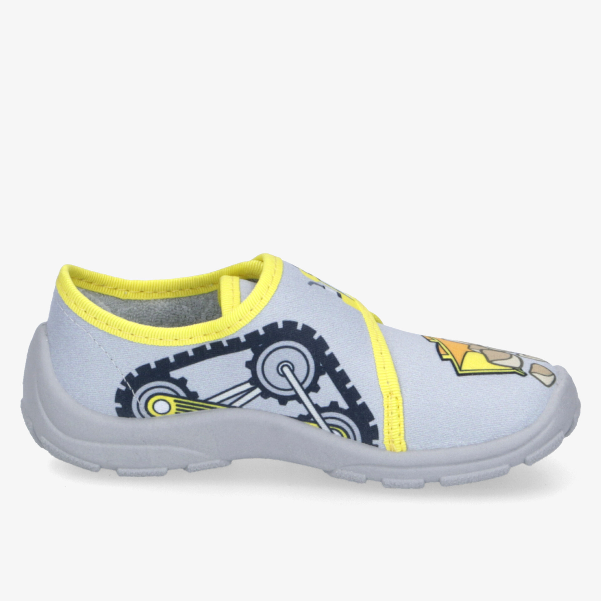 Leichter grauer Schuh mit gelben Akzenten und Motorradmotiv, flexible Sohle, bequeme Passform, strapazierfähig